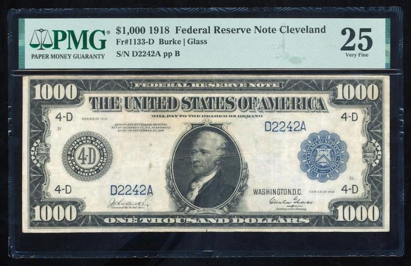 1918 $1000 Cleveland FRN PMG 25: One 1918 $1000 Cleveland FRN PMG 25.