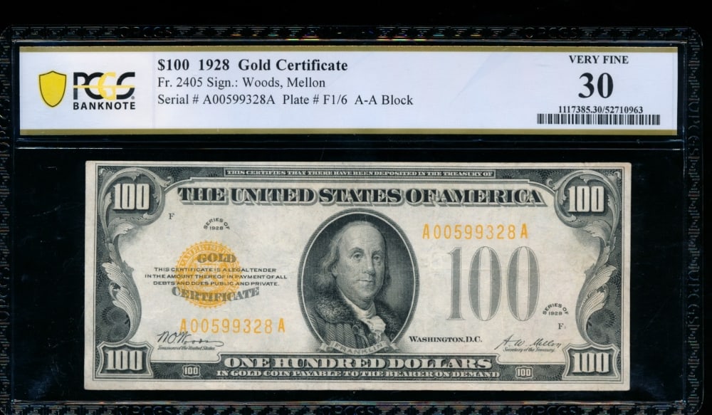 1928 $100 Gold Certificate PCGS 30 (1 of 2)