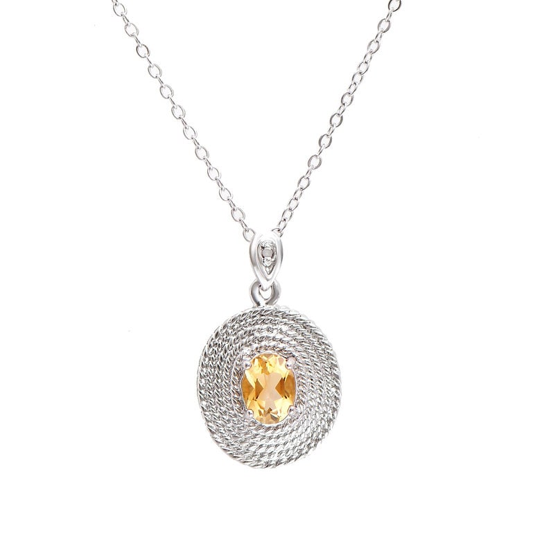 Plated Rhodium 1.08cts Citrine and Diamond Necklace: One Plated 1.08cts Citrine and Diamond Rhodium Necklace 18 in. (1) Orange Citrine stones with a total weight of 1.07cts. (1) diamonds with a total of 0.01cts with a color of H-I and clarity of I-3. To