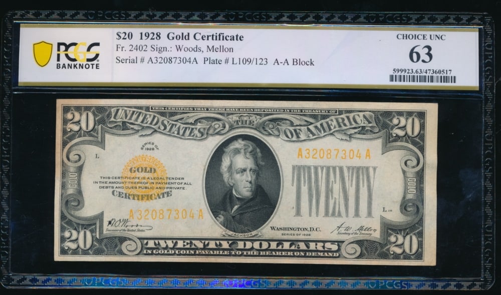 1928 $20 Gold Certificate PCGS 63 (1 of 2)