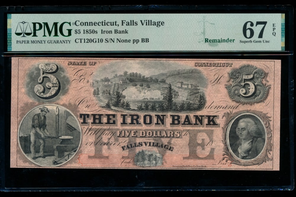 1850s $5 Falls Village CT Obsolete PMG 67EPQ (1 of 2)