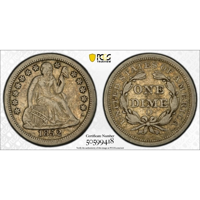 1852-O Seated Liberty Dime PCGS VF35: One 1852-O Seated Liberty Dime PCGS VF35.