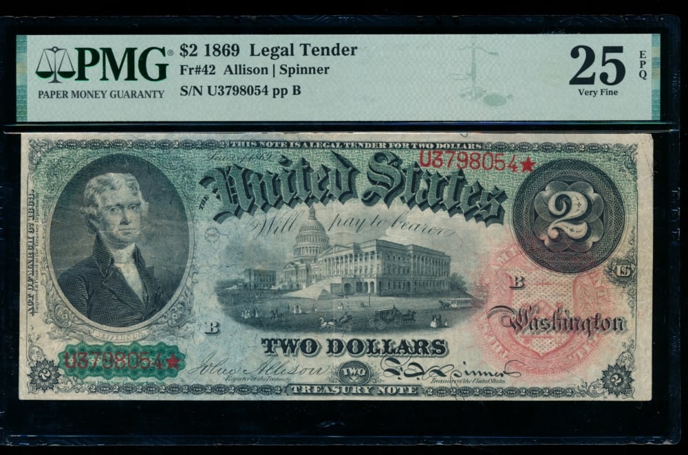 1869 $2 Legal Tender Note PMG 25EPQ (1 of 2)
