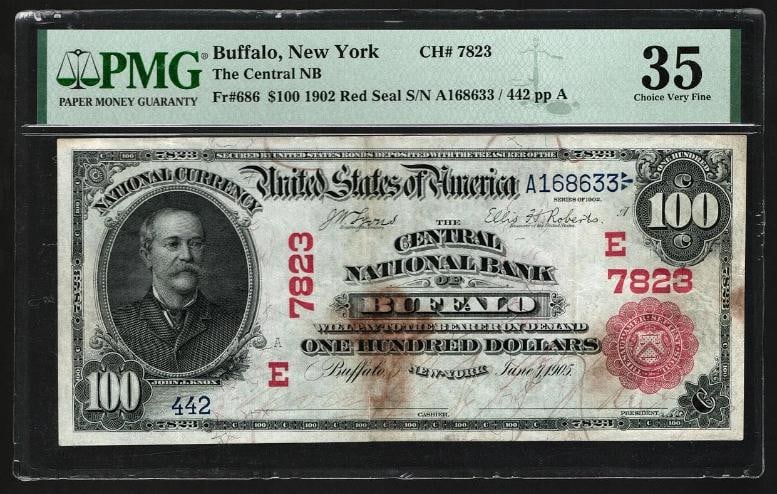 1902 $100 Red Seal Buffalo NY National PMG 35 (1 of 2)