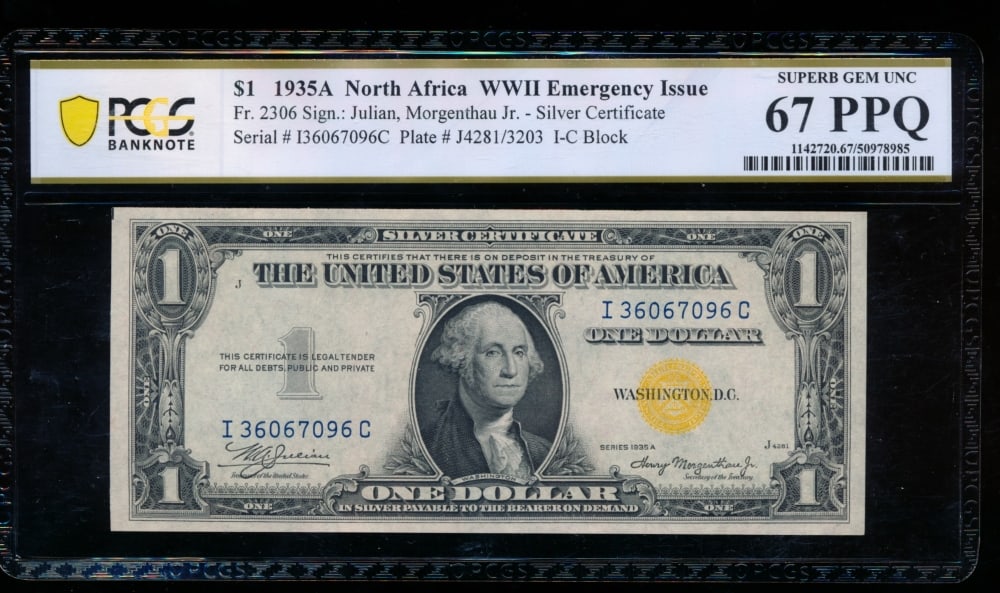 1935A $1 N Africa Silver Certificate PCGS 67PPQ (1 of 2)