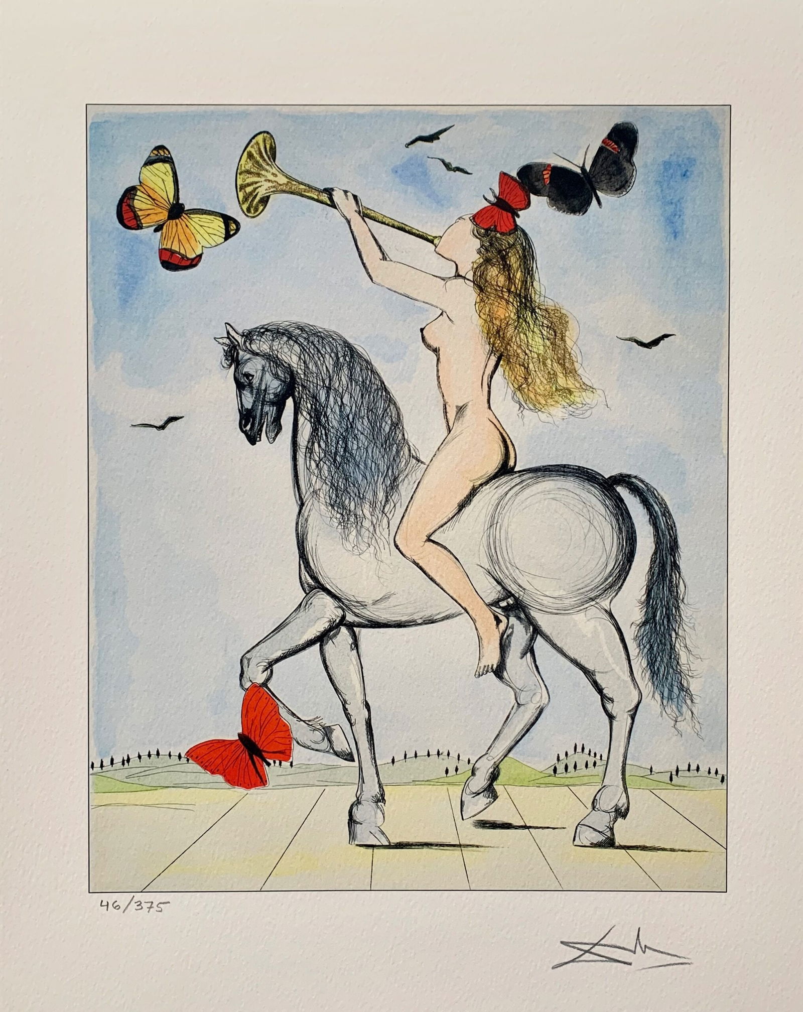 Salvador Dali LADY GODIVA Facsimile Signed & Numbered Giclee: This is a limited edition giclee titled Lady Godiva with Butterflies by Salvador Dali. This piece is facsimile signed on the lower right. Pencil numbered from an edition of 375. Paper measures 17 inch