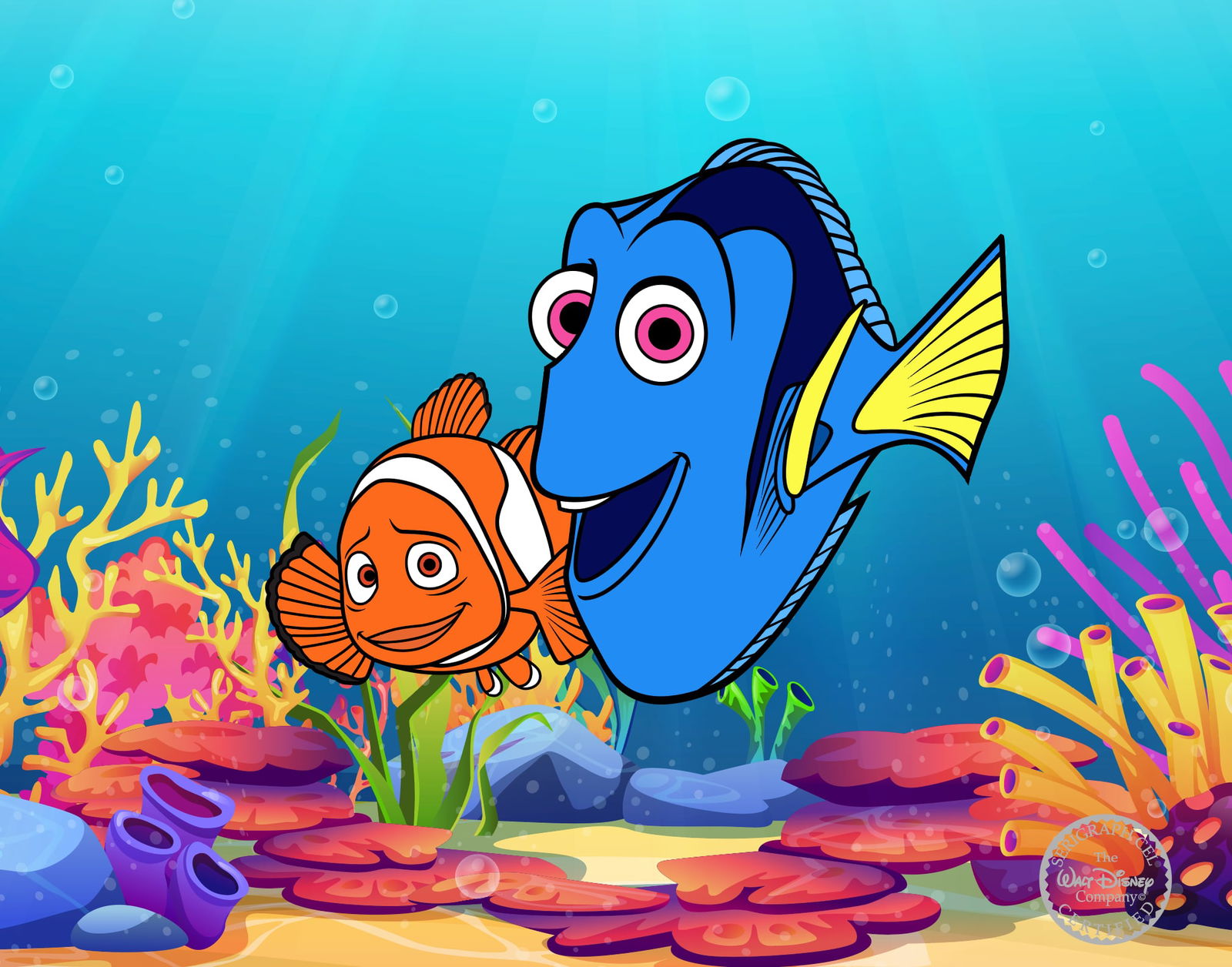 Disney FINDING NEMO Sericel Animation Art Serigraph Cel: This is a Disney Limited Edition Serigraph Cel of Finding Nemo featuring Dory and Marlin. Disneys own artists have selected this scene from the original animation drawings used to produce this classic