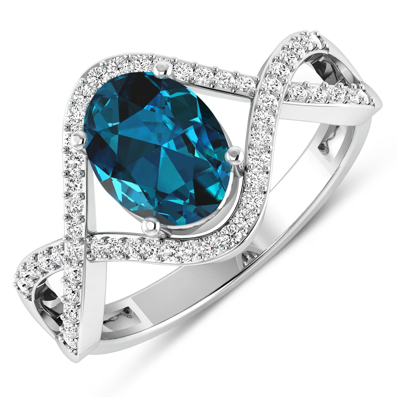 14KT White Gold 1.1ctw London Blue Topaz and Diamond Ring: London Blue Topaz Oval 8x6mm - 1Pc + White Diamond F/C Round 1.00mm - 52Pcs (I1-I2/I color) Total weight of gemstone is 1.1cts. Total Diamond weight is 0.24cts. Total weight of this ring is 2.7 grams.