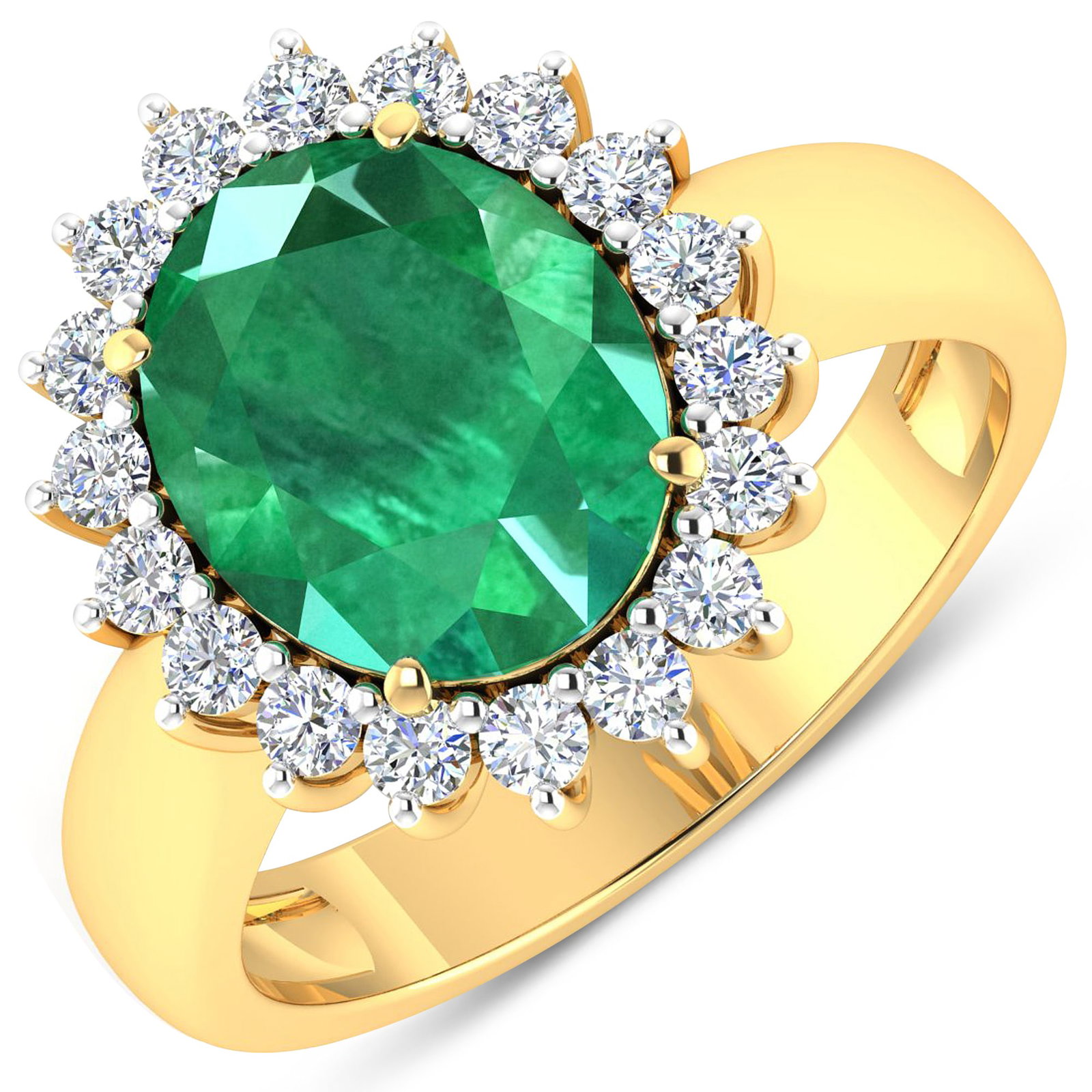 14KT Yellow Gold 3.14ctw Zambian Emerald and Diamond Ring: Zambian Emerald (AA) Oval 11x9mm - 1Pc + White Diamond F/C Round 2.00mm - 18Pcs ( White Pan Rhodium ) ( Diamond Quality : SI-2/HI ) Total weight of gemstone is 3.14cts. Total Diamond weight is 0.54cts