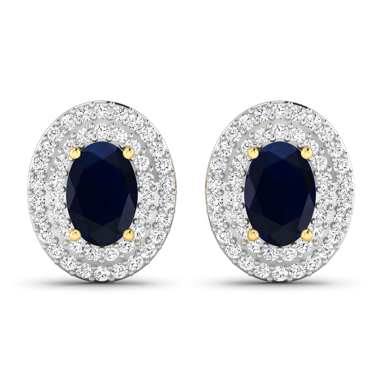 14KT Yellow Gold 1.16ctw Blue Sapphire and Diamond Earrings: Blue Sapphire (AA) Oval 6x4mm - 2Pcs + White Diamond F/C Round 0.90mm - 90Pcs ( White Pan Rhodium ) (I1-I2/I color) ( Push Post ) Total weight of gemstones is 1.16cts. Total Diamond weight is 0.31cts.