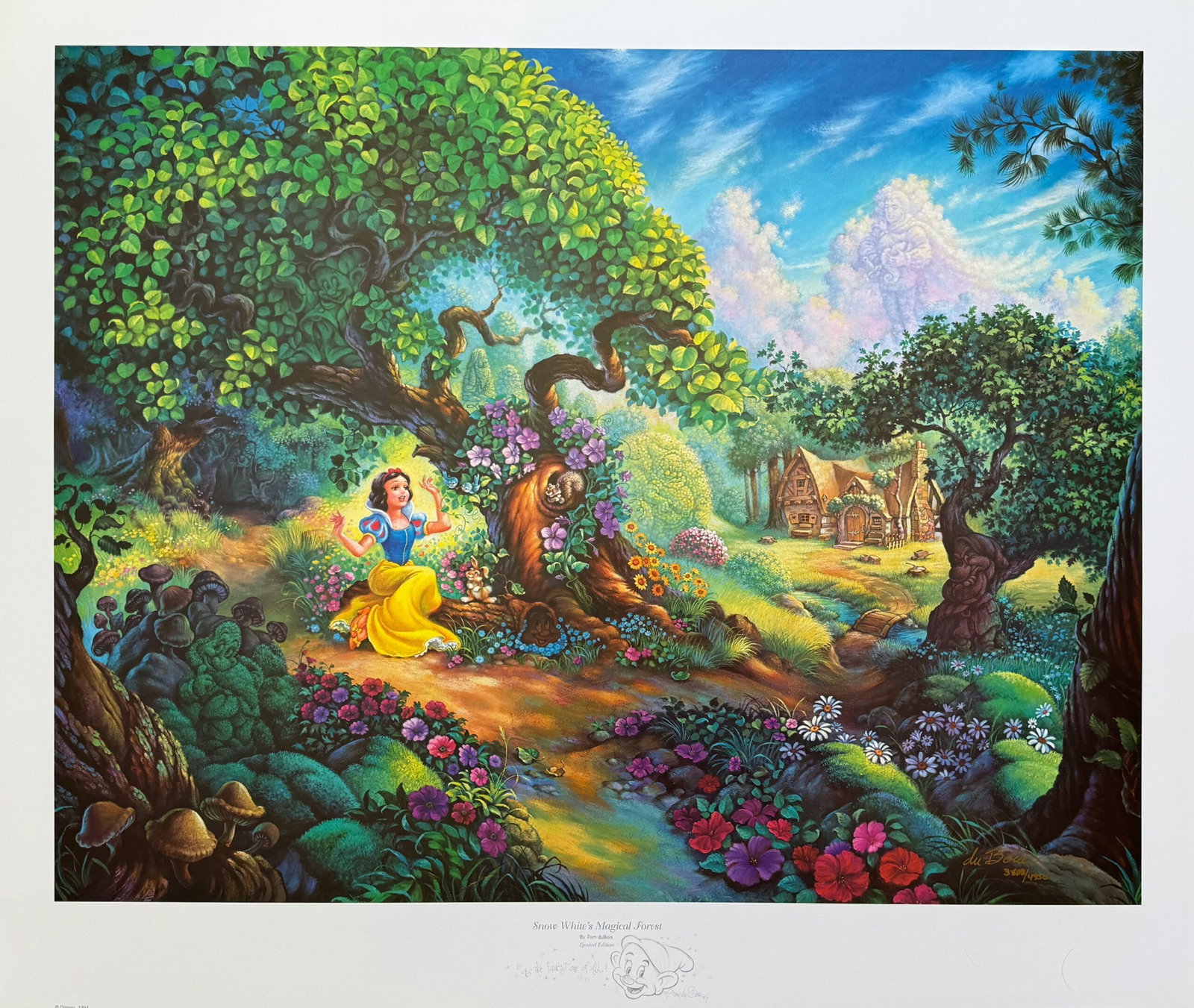 Tom duBois SNOW WHITE MAGICAL FOREST Hand Signed Limited Edition Lithograph: This is a hand signed lithograph by Tom Dubois titled Snow Whites Magical Forest. This piece was hand signed by Tom Dubois himself. Image measures 22 inches x 28 inches. Paper with border measures 26.