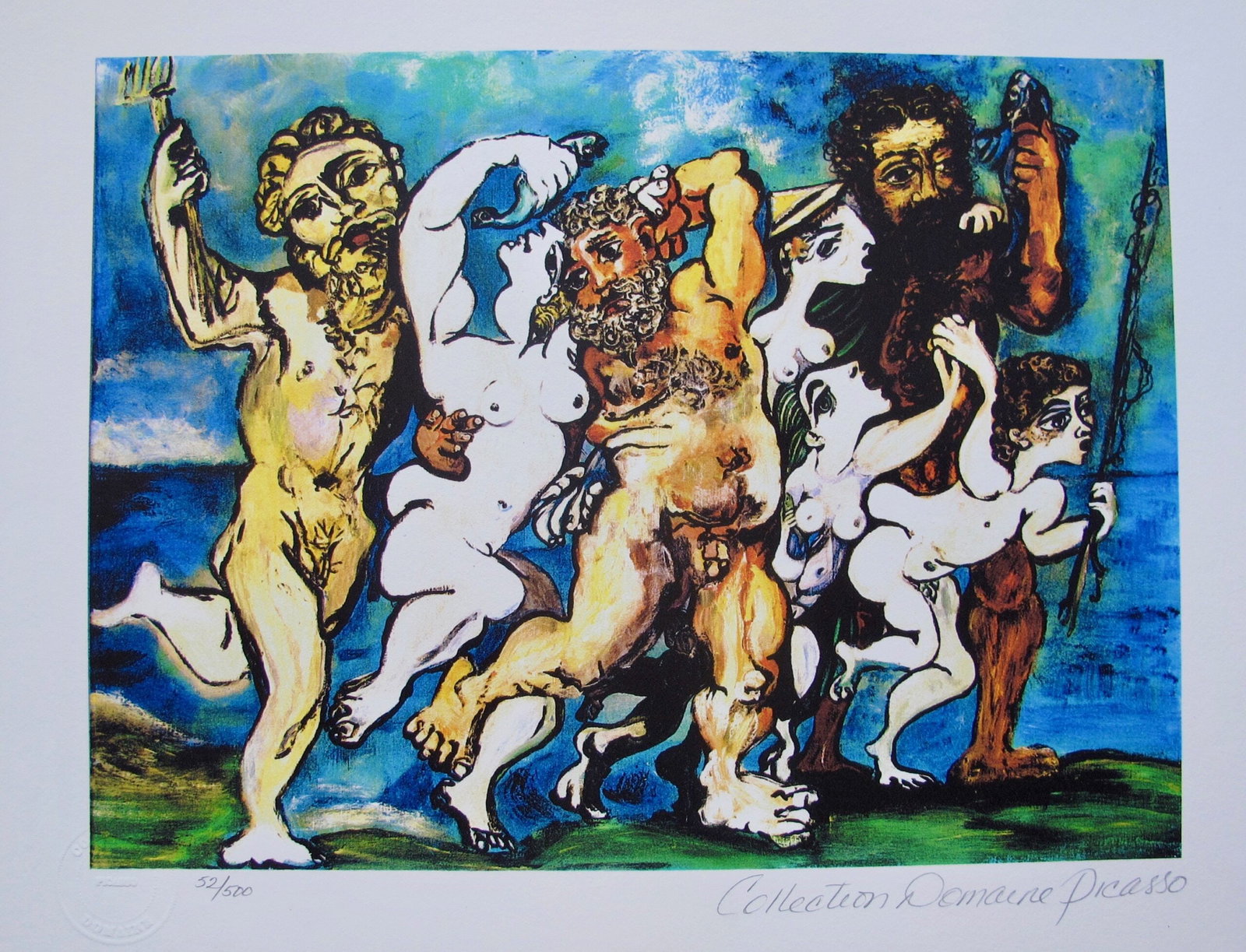 Pablo Picasso SILENUS DANCING IN COMPANY Estate Signed Limited Edition Giclee: This is a PABLO PICASSO (ESTATE COLLECTION DOMAINE) (1881-1973) small giclee titled Silenus Dancing in Company. This piece is pencil signed on the lower right as Collection Domaine Picasso and has an