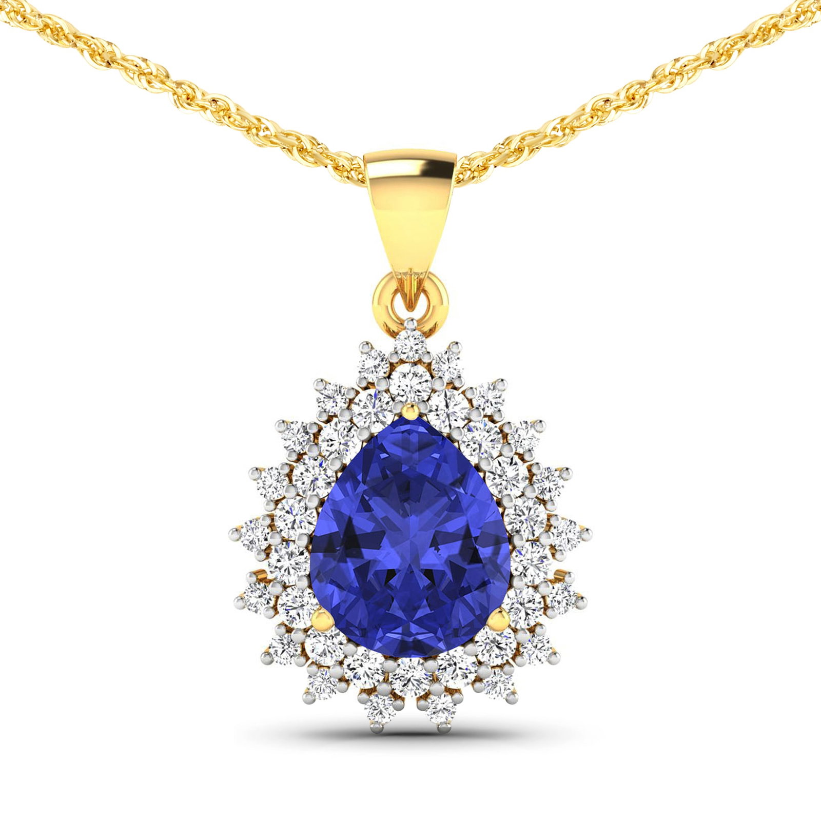 14KT Yellow Gold 3.25ctw Tanzanite and Diamond Pendant: Tanzanite (AA+) Pears 11x9mm - 1Pc + White Diamond F/C Round 2.00mm - 18Pcs + White Diamond F/C Round 1.50mm - 19Pcs ( Diamond Quality : SI-2/HI ) Total weight of gemstone is 3.25cts. Total Diamond we