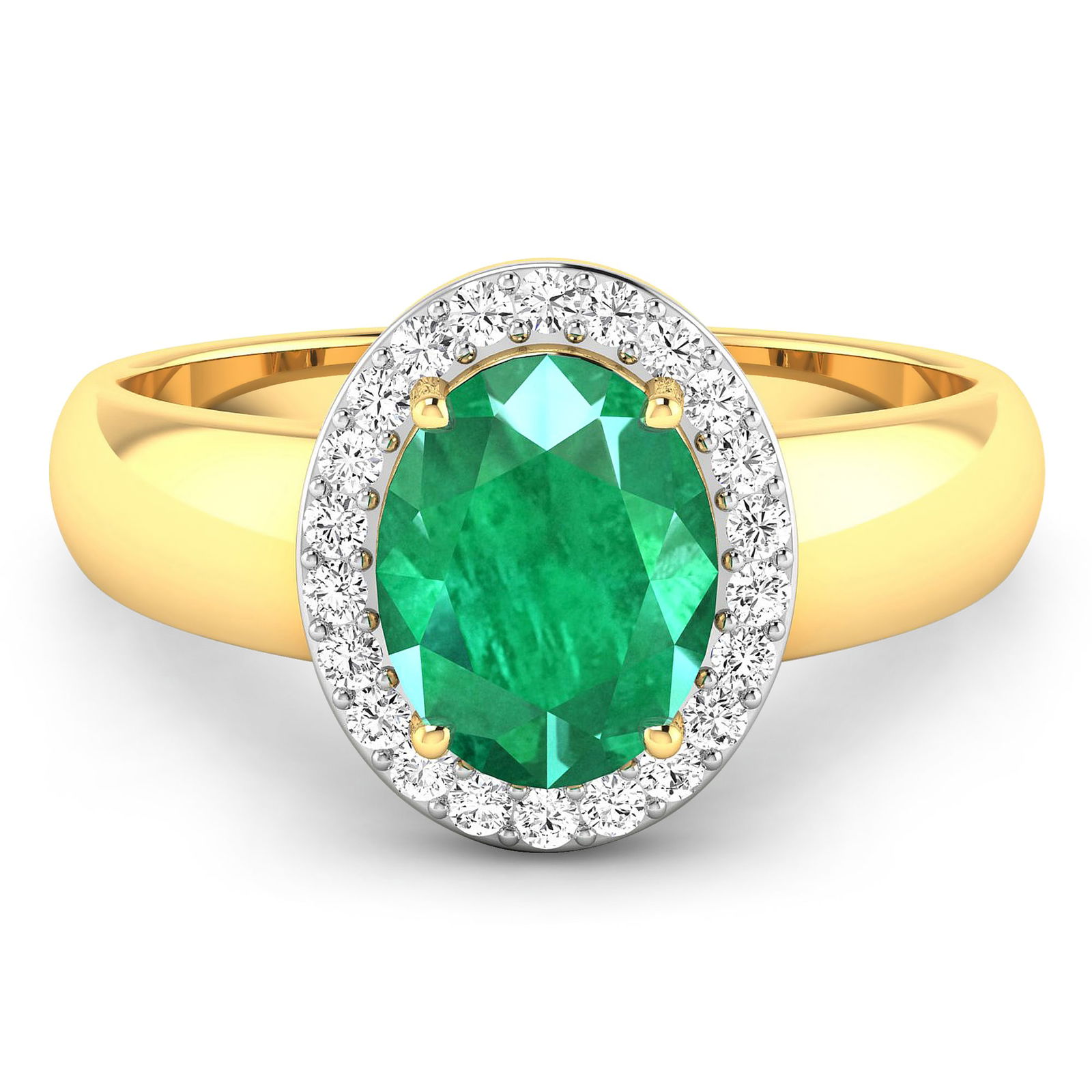 14KT Yellow Gold 1.53ct Zambian Emerald and Diamond Ring: Zambian Emerald (AA) Oval 9x7mm - 1Pc + White Diamond F/C Round 1.30mm - 22Pcs ( White Pan Rhodium ) (I1-I2/I color) ( With J Back ). Total weight of gemstone is 1.53cts. Total weight of Diamonds is 0