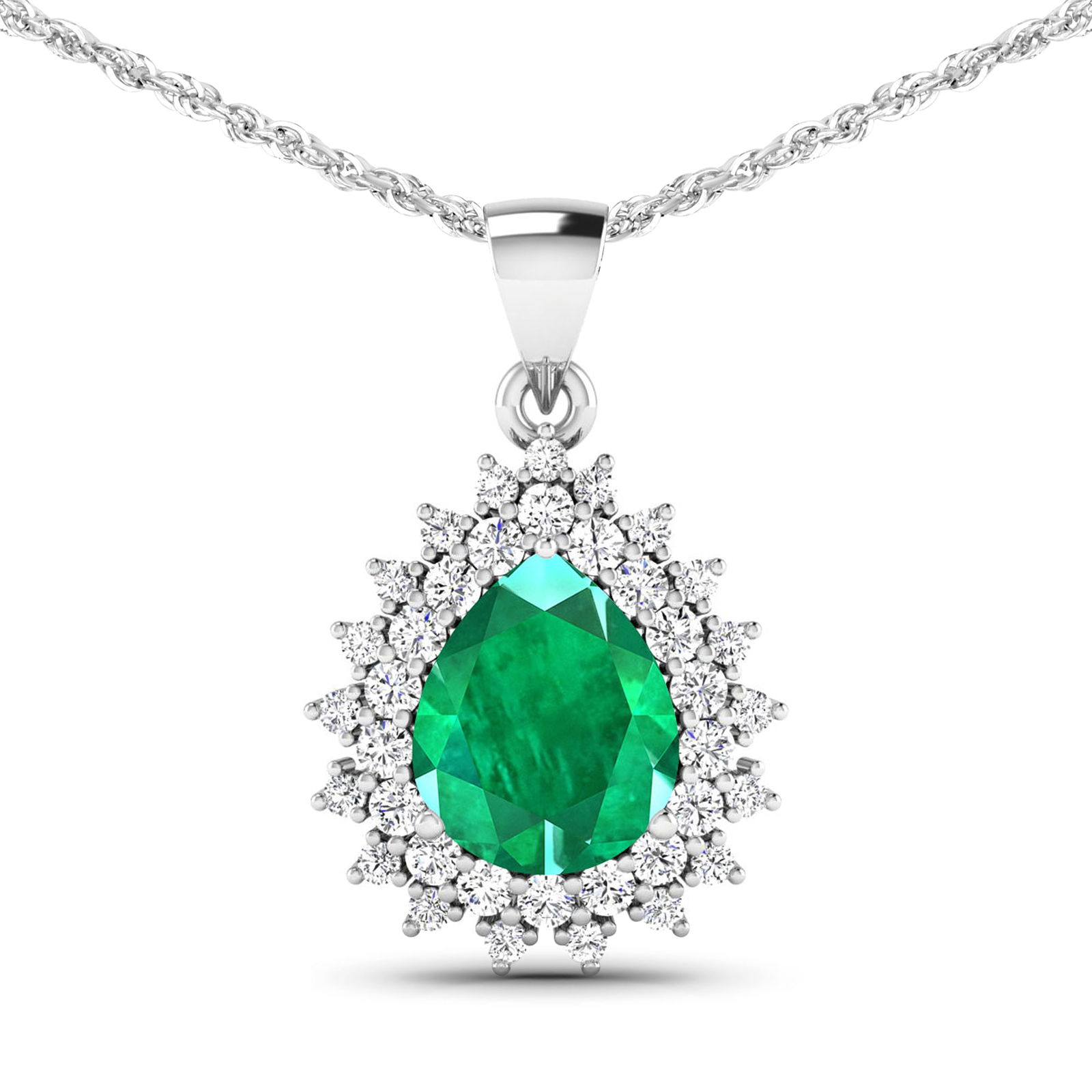14KT White Gold 2.85ctw Zambian Emerald and Diamond Pendant: Zambian Emerald (AA) Pears 11x9mm - 1Pc + White Diamond F/C Round 2.00mm - 18Pcs + White Diamond F/C Round 1.50mm - 19Pcs ( Diamond Quality : SI-2/HI ) Total weight of gemstone is 2.85cts. Total Diamo