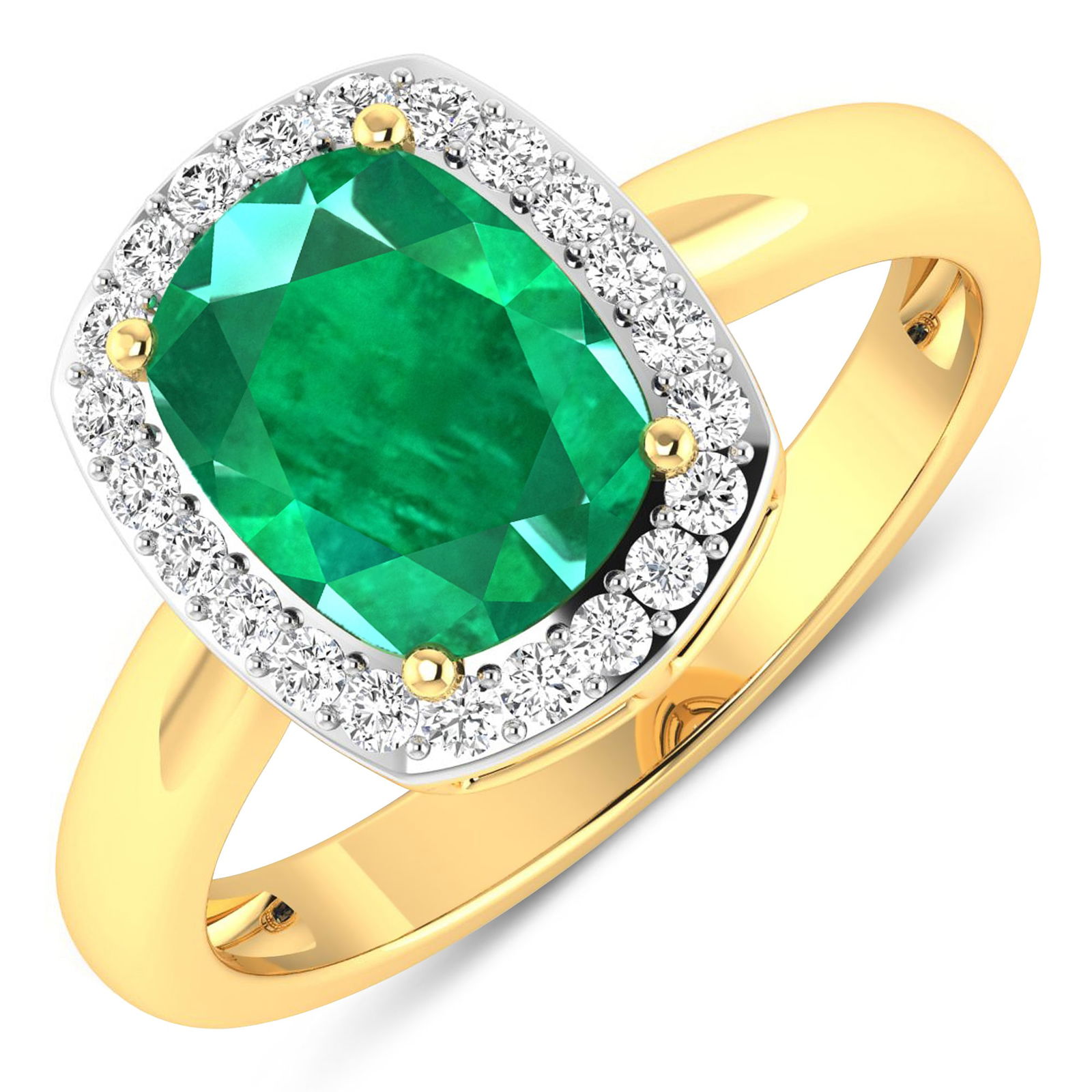 14KT Yellow Gold 1.74ctw Zambian Emerald and Diamond Ring: Zambian Emerald (AA) Cushion 9x7mm - 1Pc + White Diamond F/C Round 1.30mm - 22Pcs ( White Pan Rhodium ) ( SI2/HI color ) Total weight of gemstone is 1.74cts. Total Diamond weight is 0.22cts. Total wei