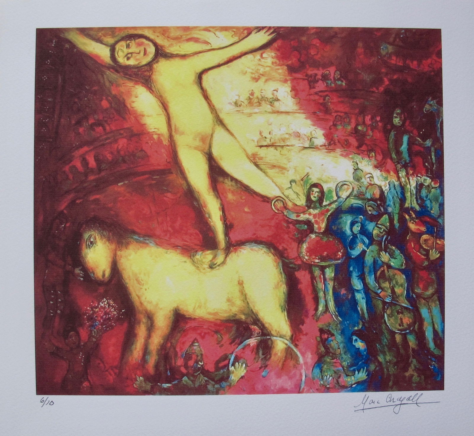 Marc Chagall CIRCUS HORSE RIDER Facsimile Signed Limited Edition Giclee: This is a Marc Chagall limited edition small giclee titled CIRCUS HORSE RIDER. This giclee is facsimile signed on the lower right and is pencil numbered on the lower left from an edition of only 10. P