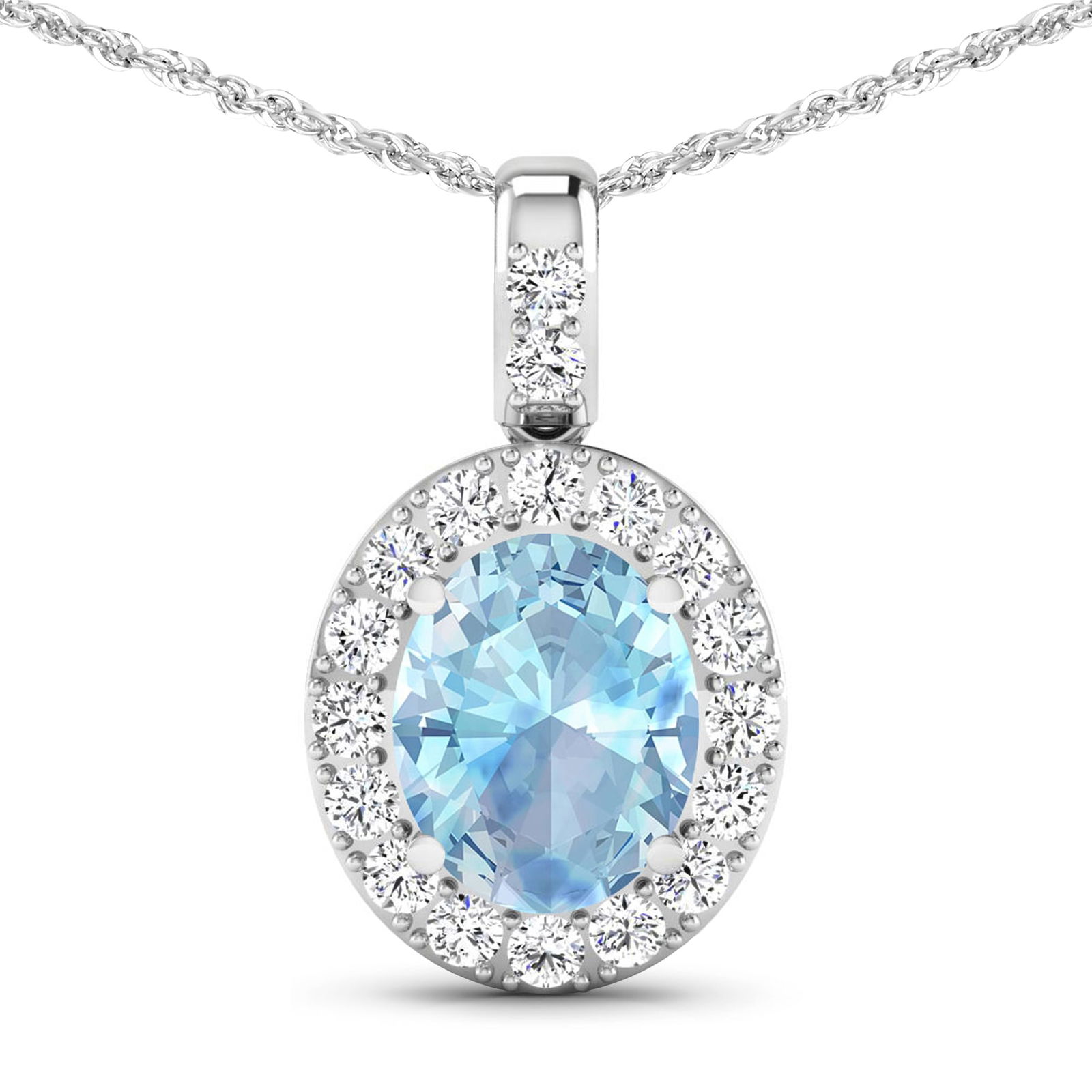 14KT White Gold 1.9ctw Aquamarine and Diamond Pendant: Aquamarine Oval 10x8mm - 1Pc + White Diamond F/C Round 2.00mm - 18Pcs ( Diamond Quality : SI-2/HI ) Total weight of gemstone is 1.9cts. Total Diamond weight is 0.54cts. Total weight of this pendant is