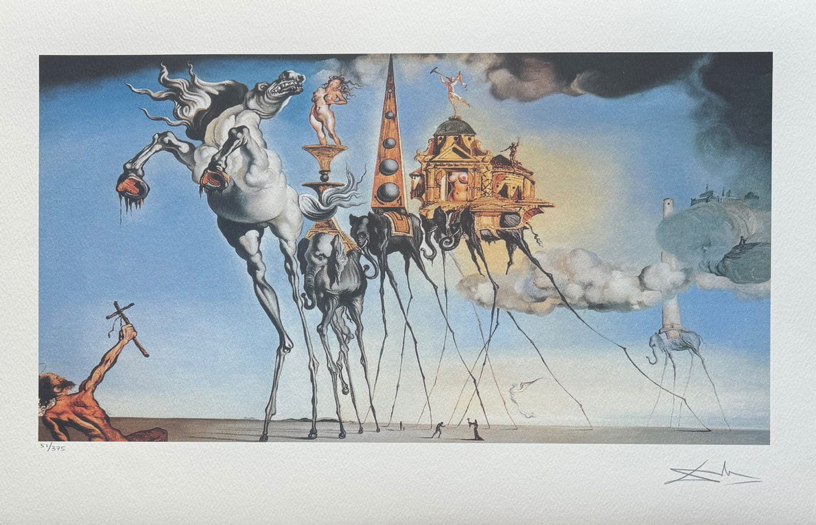 Salvador Dali TEMPTATION OF ST ANTHONY Facsimile Signed Limited Edition Giclee: This is a limited edition giclee titled THE TEMPTATION OF ST. ANTHONY by Salvador Dali. This piece is facsimile signed on the lower right. Pencil numbered from an edition of 375. Paper with border mea