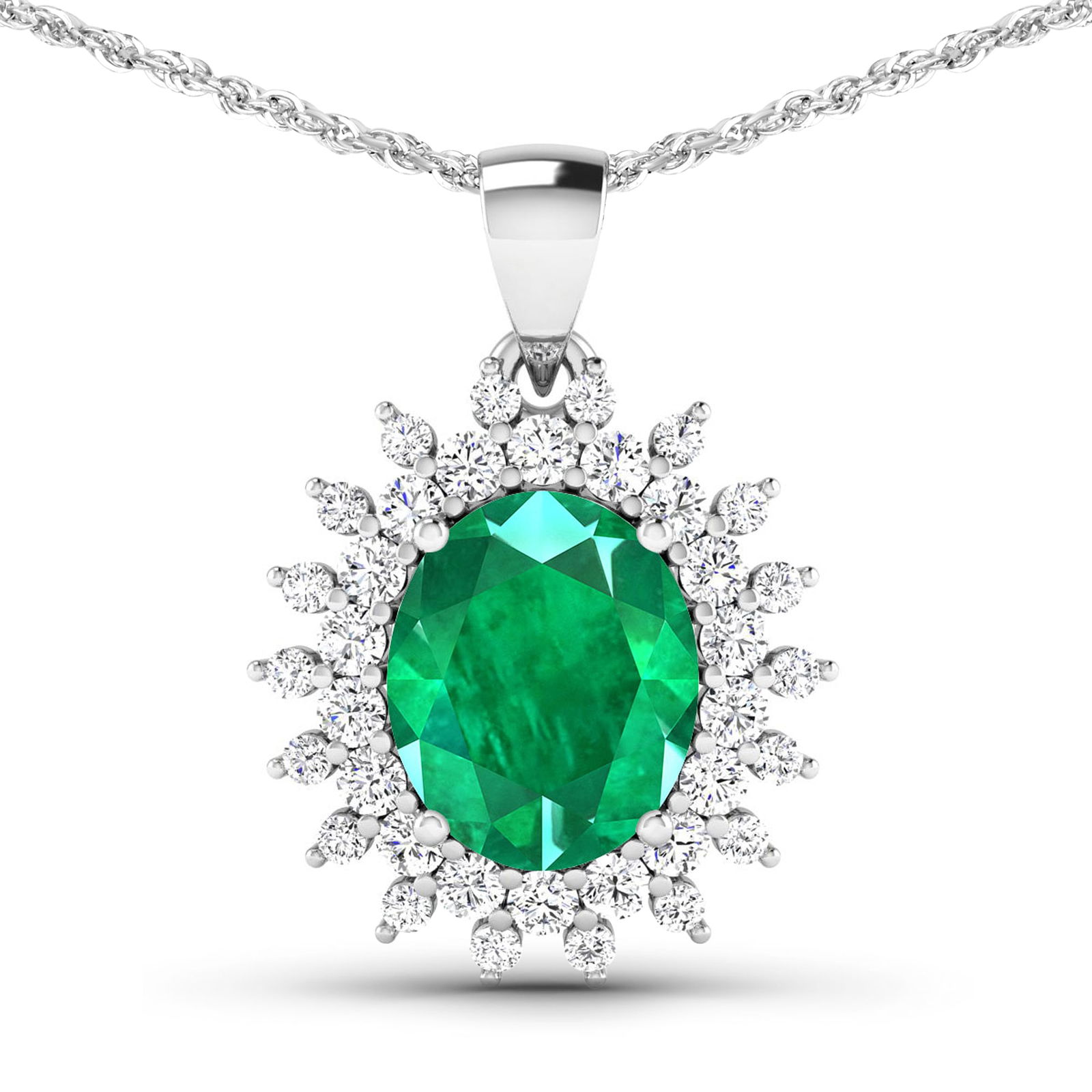 14KT White Gold 3.14ctw Zambian Emerald and Diamond Pendant: Zambian Emerald (AA) Oval 11x9mm - 1Pc + White Diamond F/C Round 2.00mm - 18Pcs + White Diamond F/C Round 1.50mm - 18Pcs ( Diamond Quality : SI-2/HI ) Total weight of gemstone is 3.14cts. Total Diamon