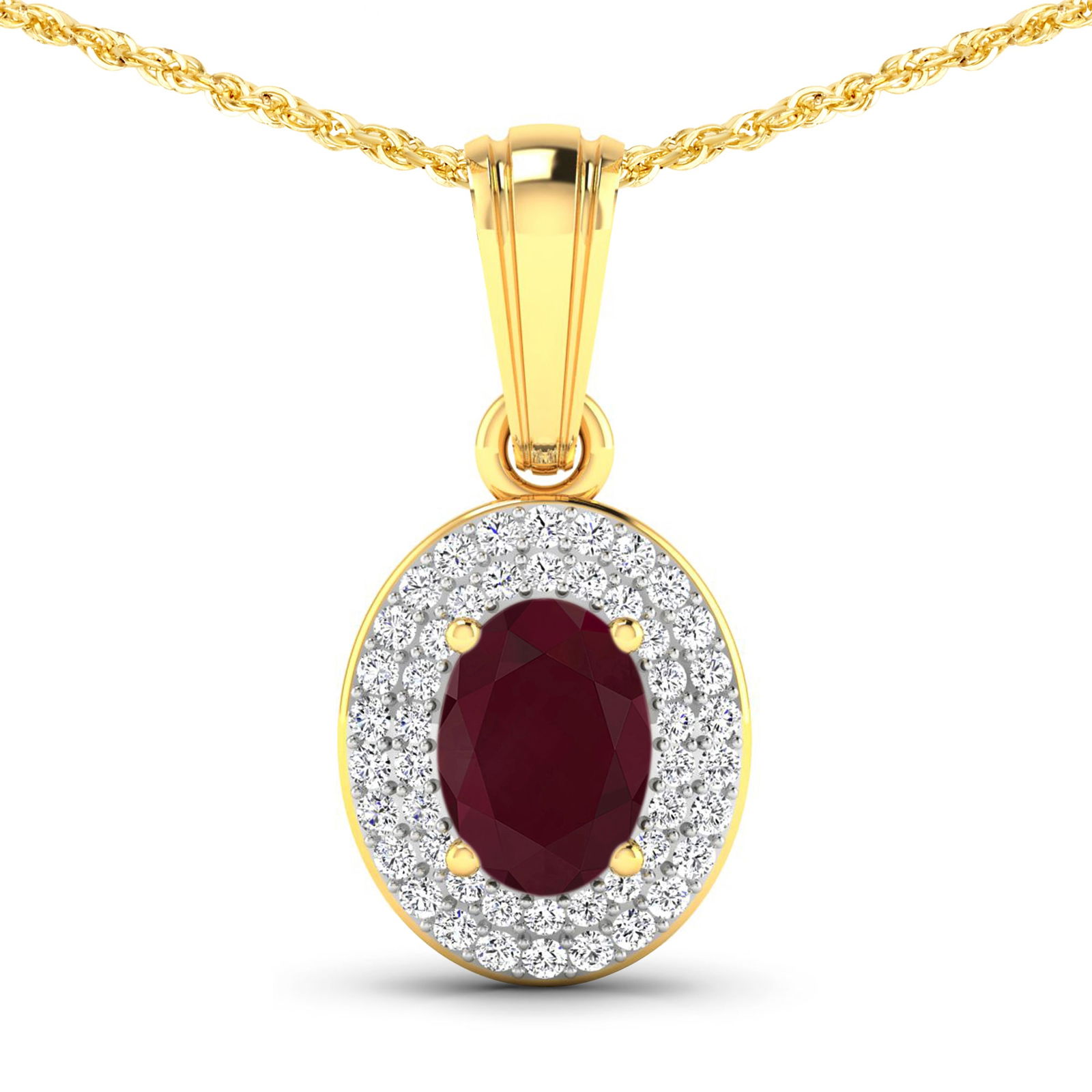 14KT Yellow Gold 0.85ctw Ruby and Diamond Pendant: Ruby (AA) Oval 7x5mm - 1Pc + White Diamond F/C Round 0.90mm - 48Pcs ( White Pan Rhodium ) (I1-I2/I color) Total weight of gemstone is 0.85cts. Total Diamond weight is 0.16cts. Total weight of this pen