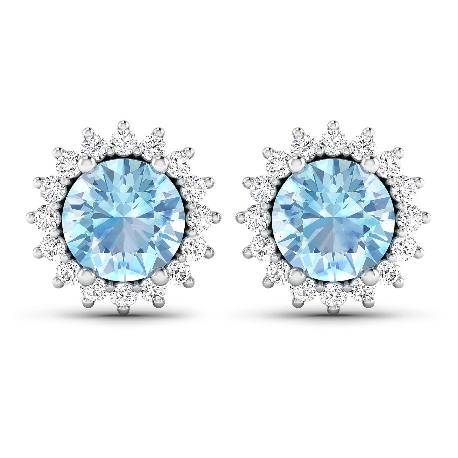 14KT White Gold 1.3ctw Aquamarine and Diamond Earrings: Aquamarine (AA+) Round 6.00mm - 2Pcs + White Diamond F/C Round 1.30mm - 32Pcs ( Push-Post ) ( I1-I2/I color ) Total weight of gemstones is 1.3cts. Total Diamond weight is 0.32cts. Total weight of thes