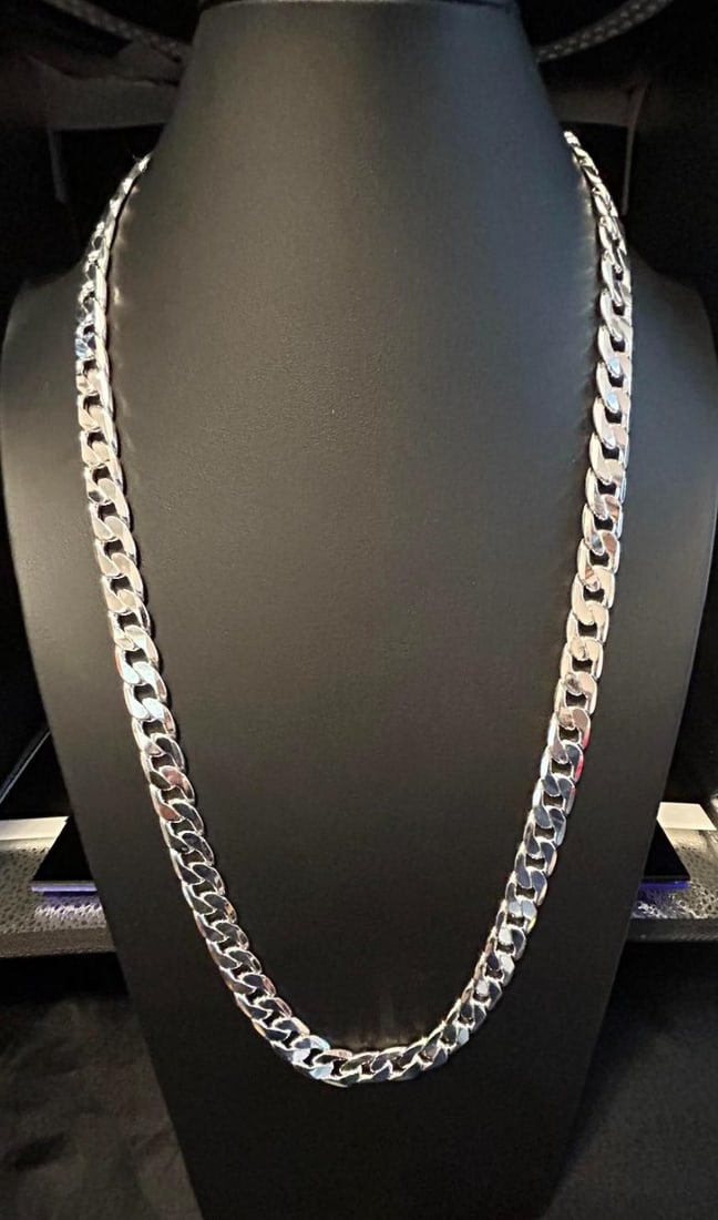 Huge 130 Gram 14 Kt Tri-Layered .925 Silver Plated Cuban Necklace: Strong and durable heavy Tri-Layered .925 Sterling Silver Curb Link Necklace weighing 130 Grams. This High Quality Silver Necklace looks and wears just like solid silver and It will not fade. This fin