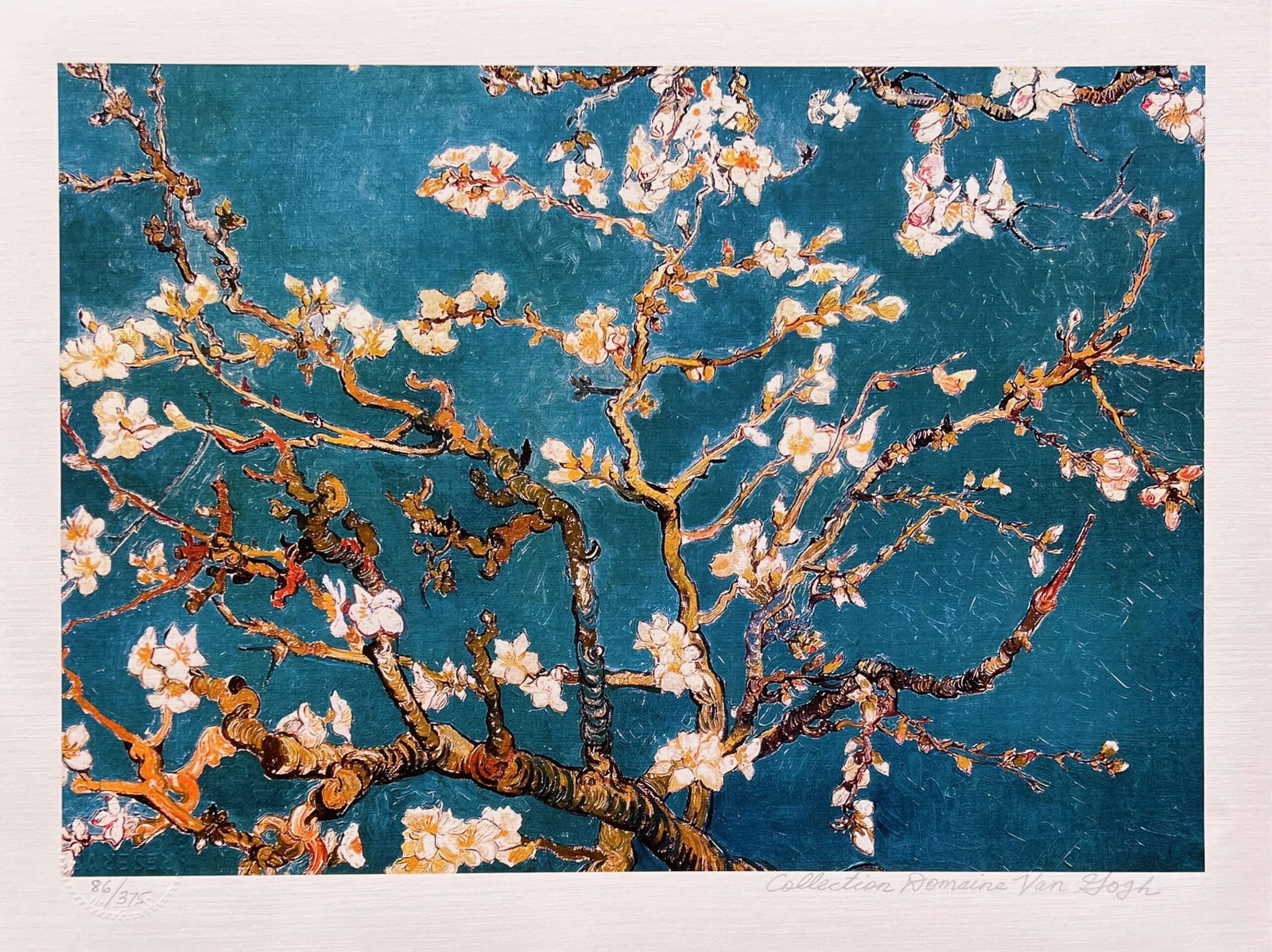 Vincent Van Gogh BLUE ALMOND BLOSSOMS Estate Signed Limited Edition Giclee: This is a VINCENT VAN GOGH (ESTATE COLLECTION DOMAINE) reproduction giclee titled ALMOND BLOSSOMS – BLUE. This piece is pencil signed on the lower right as Collection Domaine Van Gogh and has an emb