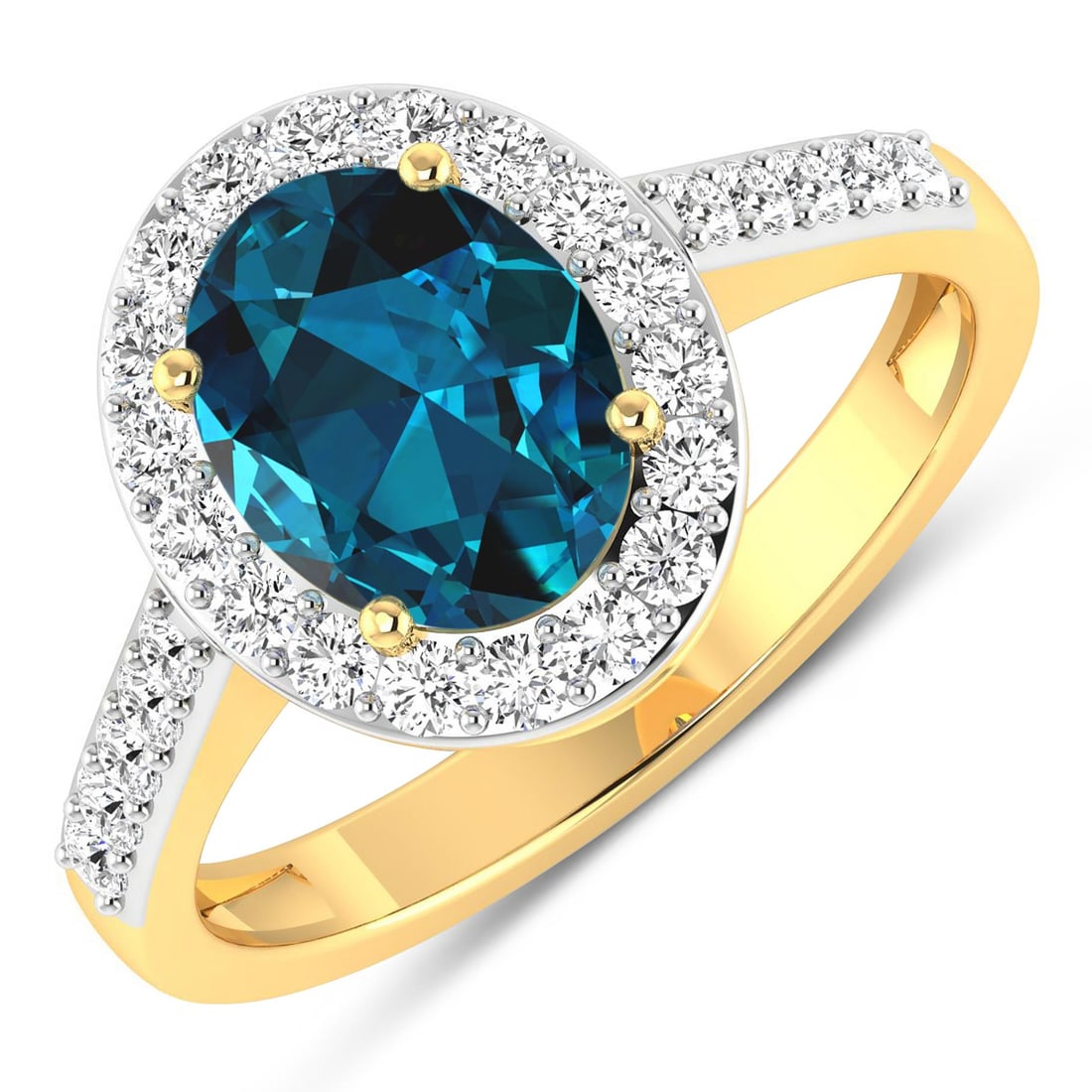 14KT Yellow Gold 1.9ctw London Blue Topaz and Diamond Ring: London Blue Topaz Oval 9x7mm - 1Pc + White Diamond F/C Round 1.50mm - 28Pcs ( White Pan Rhodium ) ( SI-2/HI ) Total weight of gemstone is 1.9cts. Total Diamond weight is 0.39cts. Total weight of this