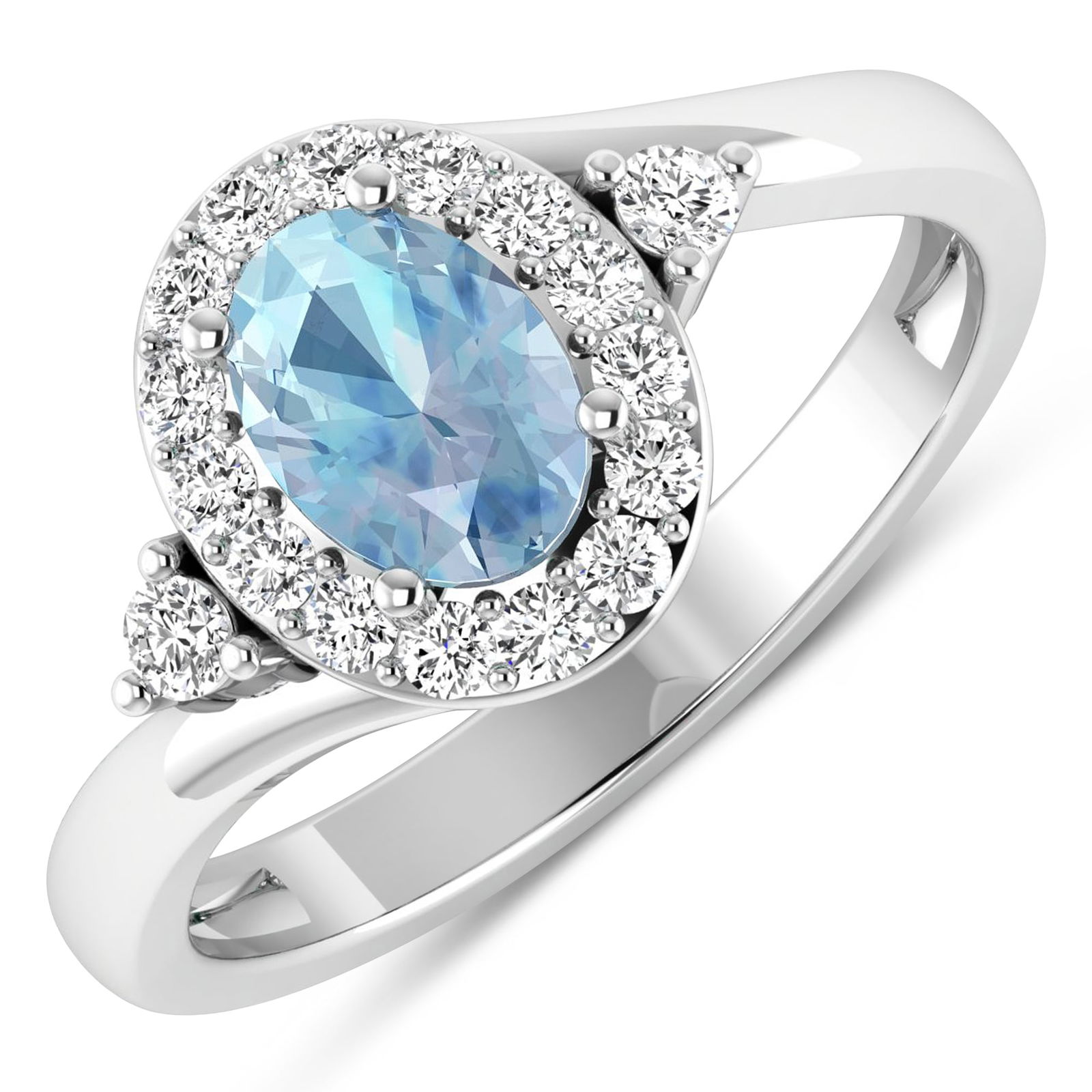 14KT White Gold 0.51ctw Aquamarine and Diamond Ring: Aquamarine (AA+) Oval 7x5mm - 1Pc + White Diamond F/C Round 2.00mm - 2Pcs + White Diamond F/C Round 1.50mm - 15Pcs ( I1-I2/I color ) Total weight of gemstone is 0.51cts. Total Diamond weight is 0.27ct