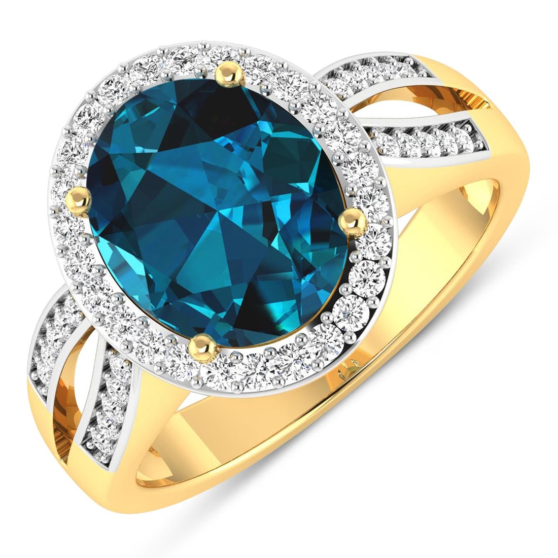 14KT Yellow Gold 3.7ctw London Blue Topaz and Diamond Ring: London Blue Topaz Oval 11x9mm - 1Pc + White Diamond F/C Round 1.30mm - 26Pcs + White Diamond F/C Round 1.10mm - 20Pcs ( White Pan Rhodium ) ( SI-2/HI ) Total weight of gemstone is 3.7cts. Total Diamon