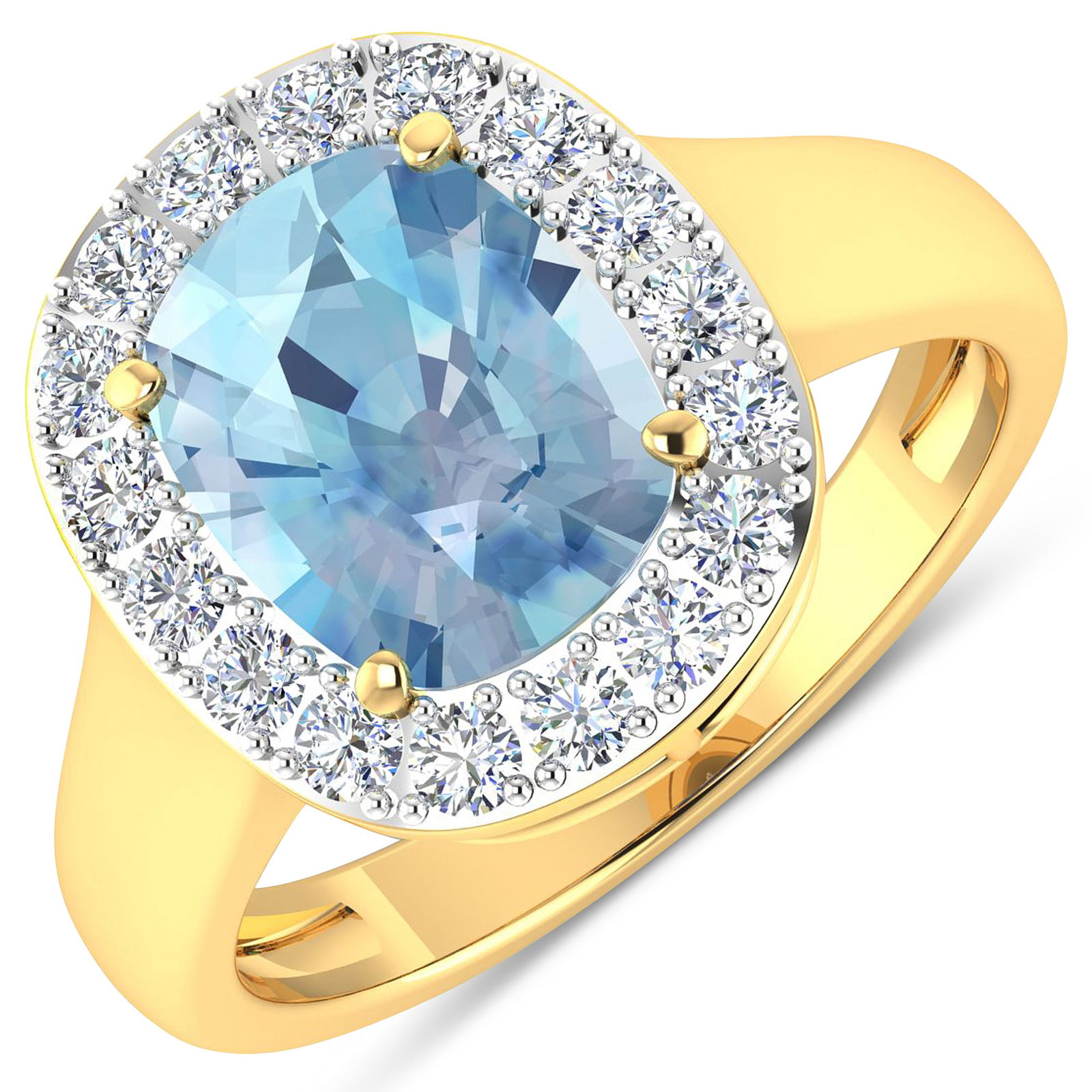 14KT Yellow Gold 3ct Aquamarine and Diamond Ring: Aquamarine (AA+) Cushion 10x8mm - 1Pc + White Diamond F/C Round 2.00mm - 17Pcs ( White Pan Rhodium ) ( Diamond Quality : SI-2/HI ). Total weight of gemstone is 3cts. Total weight of Diamonds is 0.51ct
