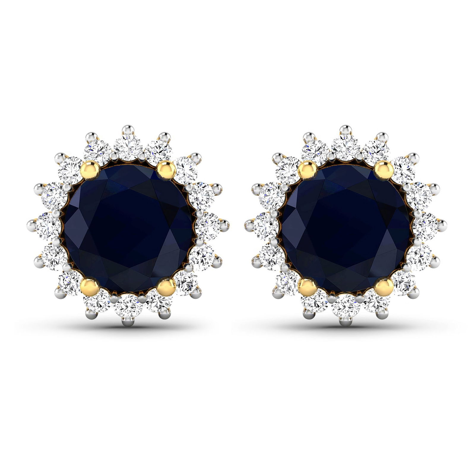 14KT Yellow Gold 2.2ctw Blue Sapphire and Diamond Earrings: Blue Sapphire (AA) Round 6.00mm - 2Pcs + White Diamond F/C Round 1.30mm - 32Pcs ( Push-Post ) ( White Pan Rhodium ) ( I1-I2/I color ) Total weight of gemstones is 2.2cts. Total Diamond weight is 0.32c