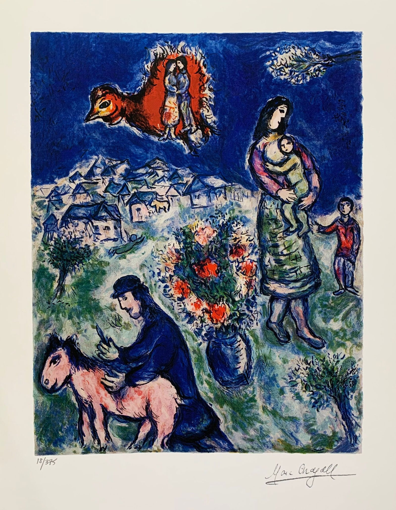 Marc Chagall SUR LA ROUTE DU VILLAGE Limited Edition Facsimile Signed Giclee: This is a Marc Chagall limited edition extra small giclee titled SUR LA ROUTE DU VILLAGE. This giclee is facsimile signed on the lower right and is pencil numbered on the lower left from an edition of