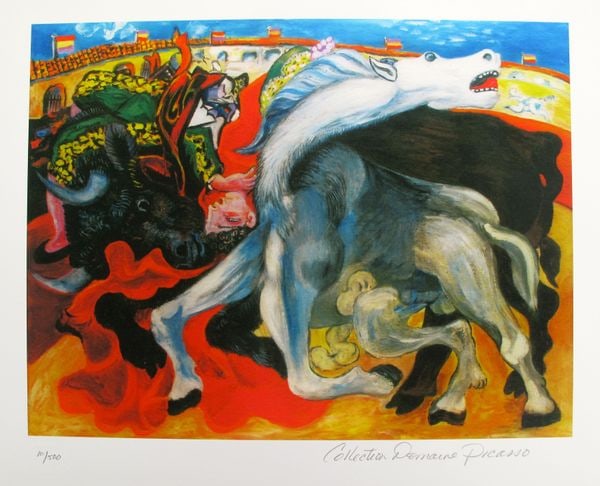 Pablo Picasso DEATH OF TOREADOR Estate Signed Limited Edition Giclee: This is a PABLO PICASSO (ESTATE COLLECTION DOMAINE) (1881-1973) small giclee titled BULLFIGHT, DEATH OF TOREADOR. This piece is pencil signed on the lower right as Collection Domaine Picasso and has a
