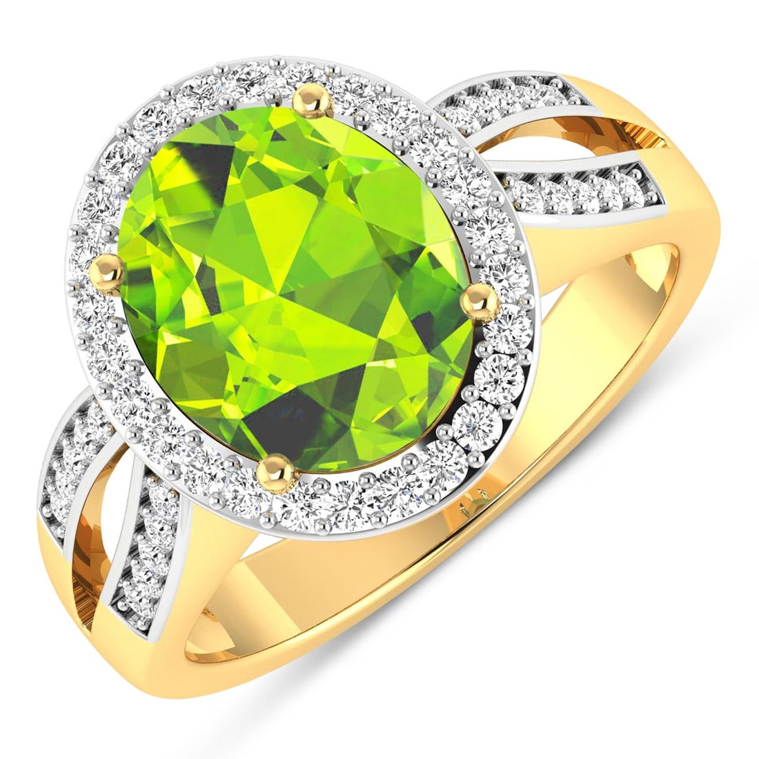 14KT Yellow Gold 3.85ctw Peridot and Diamond Ring: Peridot Oval 11x9mm - 1Pc + White Diamond F/C Round 1.30mm - 26Pcs + White Diamond F/C Round 1.10mm - 20Pcs ( White Pan Rhodium ) ( SI-2/HI ) Total weight of gemstone is 3.85cts. Total Diamond weight