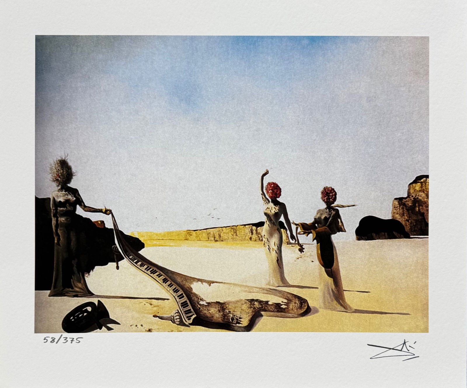 Salvador Dali THREE YOUNG SURREALIST WOMEN Facsimile Signed & Numbered Giclee: This is a limited edition giclee titled Three Young Surrealist Women Holding in their Arms the Skins of an Orchestra by Salvador Dali. This piece is facsimile signed on the lower right. Pencil numbere