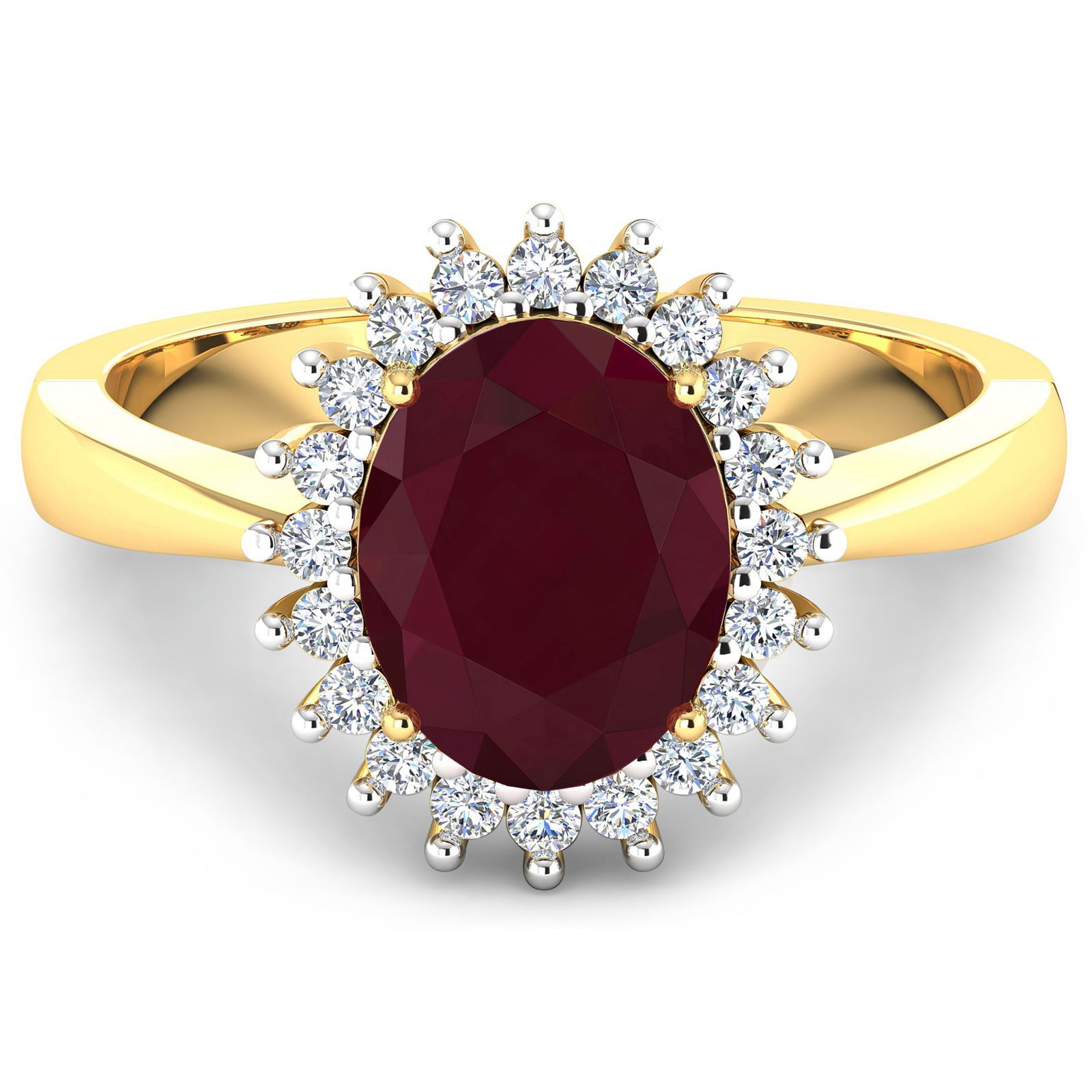 14KT Yellow Gold 1.5ct Ruby and Diamond Ring: 1 Ruby with a total weight of 1.50cts. Ruby (AA) Oval 8x6mm - 1Pc + White Diamond F/C Round 1.40mm - 17Pcs (I1-I2/I color). Diamonds with a total weight of 0.19cts. Total weight of this ring is 3.32 g