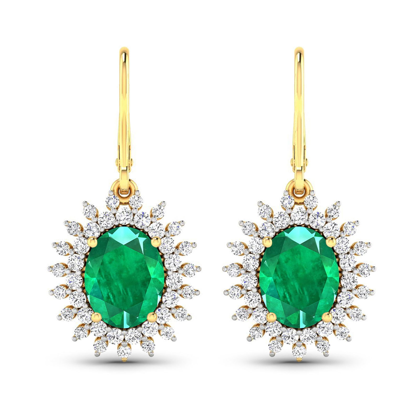 14KT Yellow Gold 3.06ctw Zambian Emerald and Diamond Earrings: Zambian Emerald (AA) Oval 9x7mm - 2Pcs + White Diamond F/C Round 1.50mm - 38Pcs + White Diamond F/C Round 1.20mm - 38Pcs ( Diamond Quality : SI-2/HI ) Total weight of gemstones is 3.06cts. Total