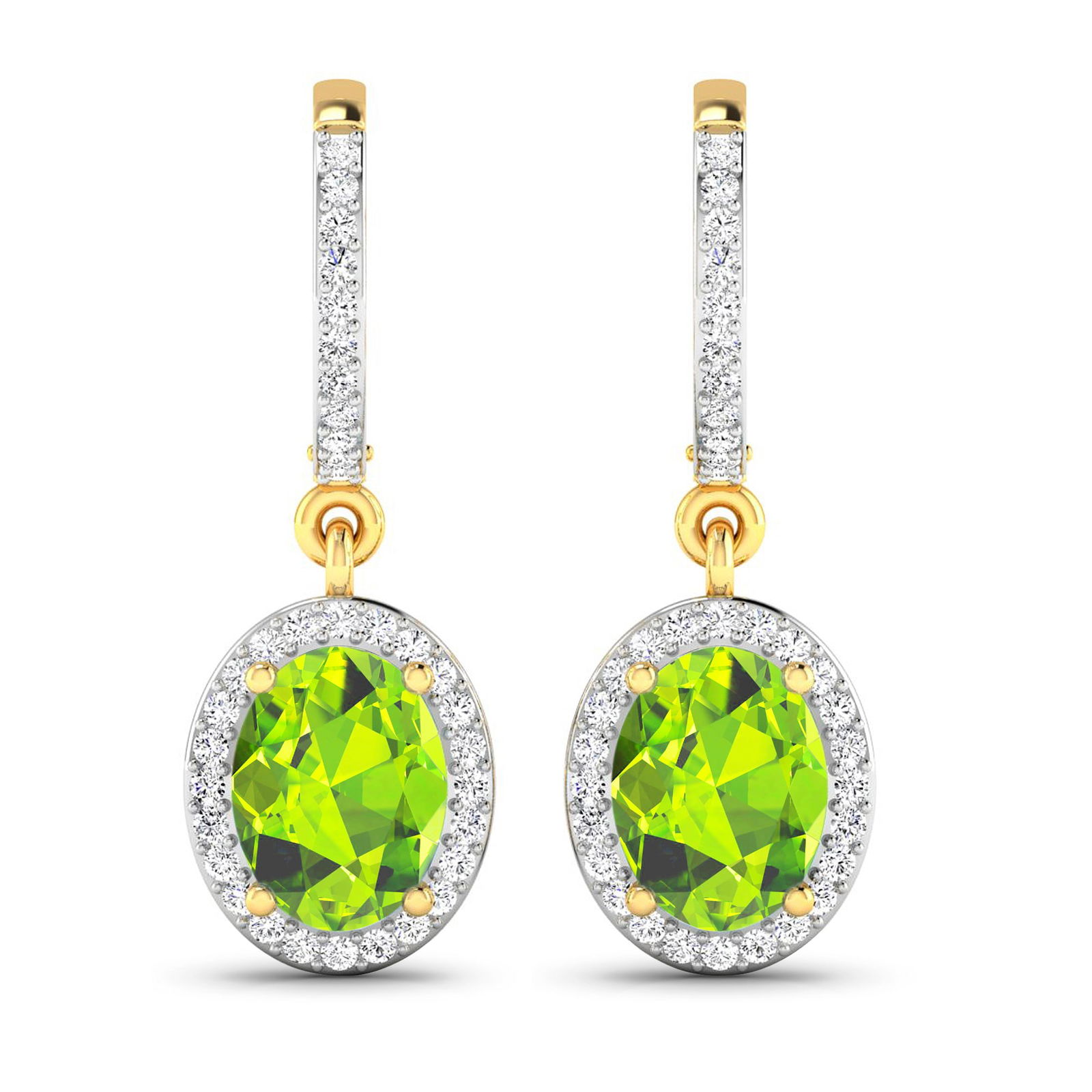 14KT Yellow Gold 2.1ctw Peridot Topaz and Diamond Earrings: Peridot Oval 8x6mm - 2Pcs + White Diamond F/C Round 1.00mm - 70Pcs ( Clip On ) ( White Pan Rhodium ) ( I1-I2/I color ) Total weight of gemstones is 2.1cts. Total Diamond weight is 0.32cts. Total weigh