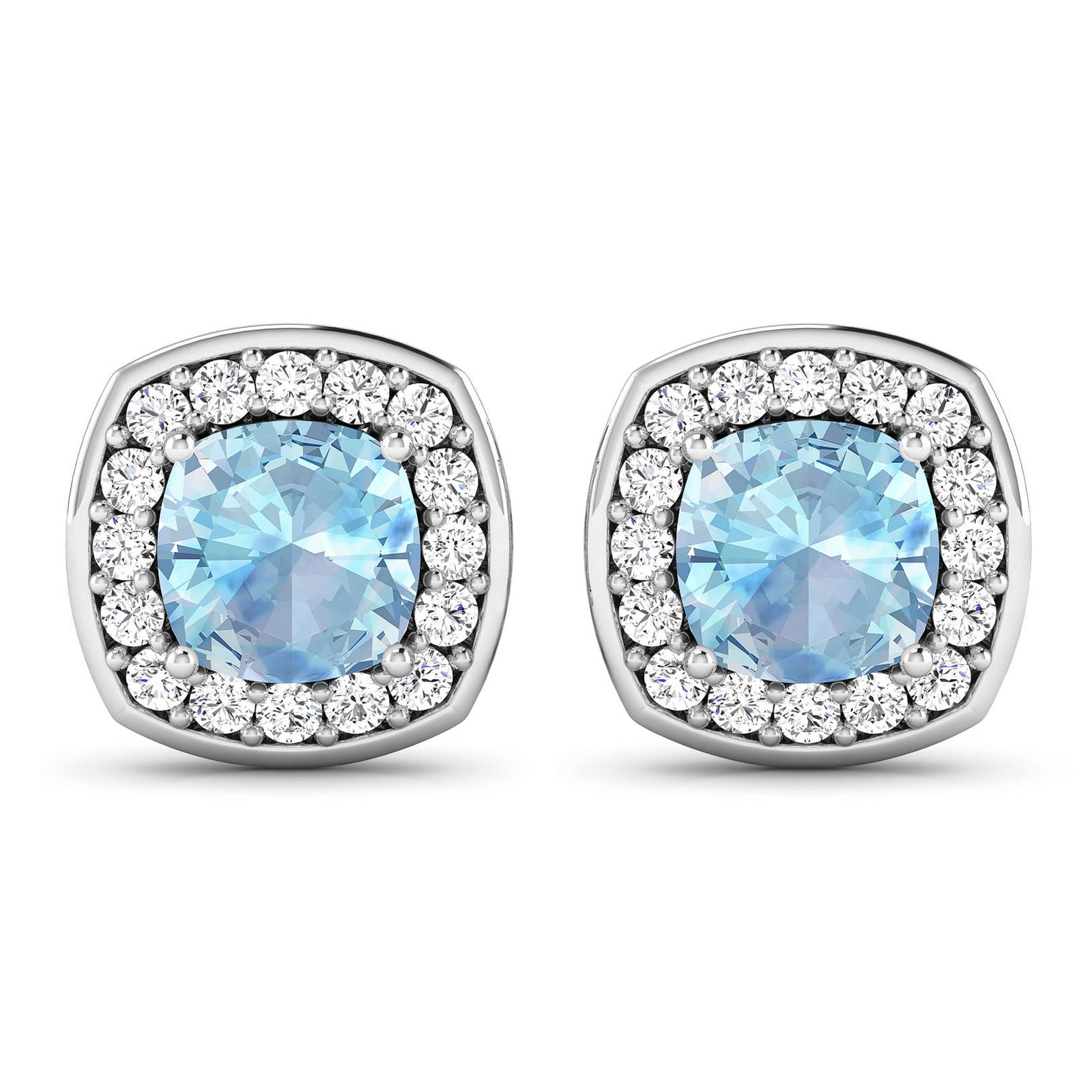 14KT White Gold 1.5ctw Aquamarine and Diamond Earrings: Aquamarine Cushion 6.00mm - 2Pcs + White Diamond F/C Round 1.50mm - 32Pcs ( Diamond Quality : SI-2/HI ) ( Push Post ) Total weight of gemstones is 1.5cts. Total Diamond weight is 0.44cts. Total weight