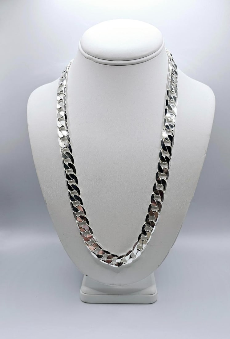 Huge 101.9 Gram Tri-Layered .925 Silver Plated Cuban Link Necklace: Strong and durable heavy Tri-Layered .925 Sterling Silver Curb Link Necklace weighing 101.9 Grams. This High Quality Silver Necklace looks and wears just like solid silver and It is fade resistant. Th
