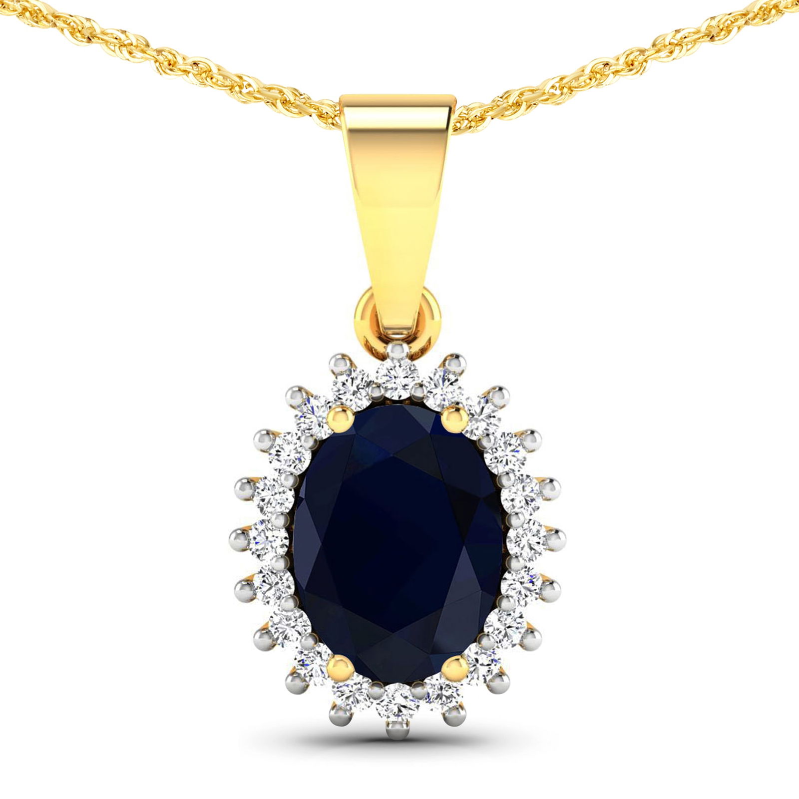 14KT Yellow Gold 1.3ctw Blue Sapphire and Diamond Pendant: Blue Sapphire (AA) Oval 8x6mm - 1Pc + White Diamond F/C Round 1.10mm - 20Pcs ( White Pan Rhodium ) (I1-I2/I color) Total weight of gemstone is 1.3cts. Total Diamond weight is 0.13cts. Total weight of