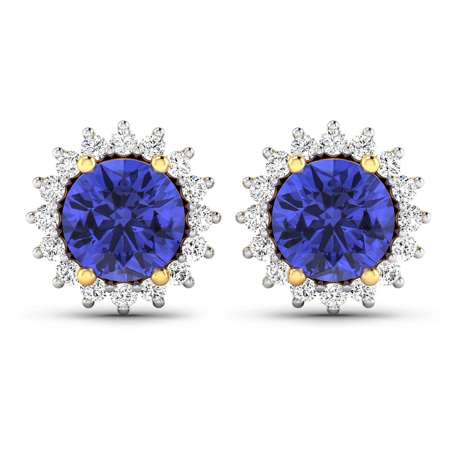14KT Yellow Gold 1.44ctw Tanzanite and Diamond Earrings: Tanzanite (AA+) Round 6.00mm - 2Pcs + White Diamond F/C Round 1.30mm - 32Pcs ( Push-Post ) ( White Pan Rhodium ) ( I1-I2/I color ) Total weight of gemstones is 1.44cts. Total Diamond weight is 0.32cts