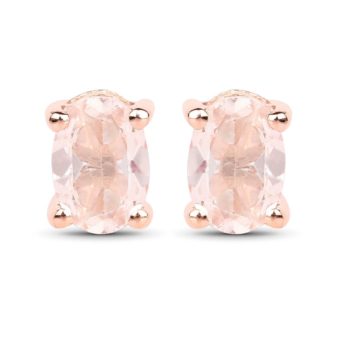 Plated 18KT Rose Gold 0.80ctw Morganite Earrings: These 18K rose gold?plated .925 sterling silver stud earrings feature 0.80 ctw of natural morganite, showcasing two 6×4 mm oval stones set in secure prongs for soft blush?pink sparkle. With a lightwe