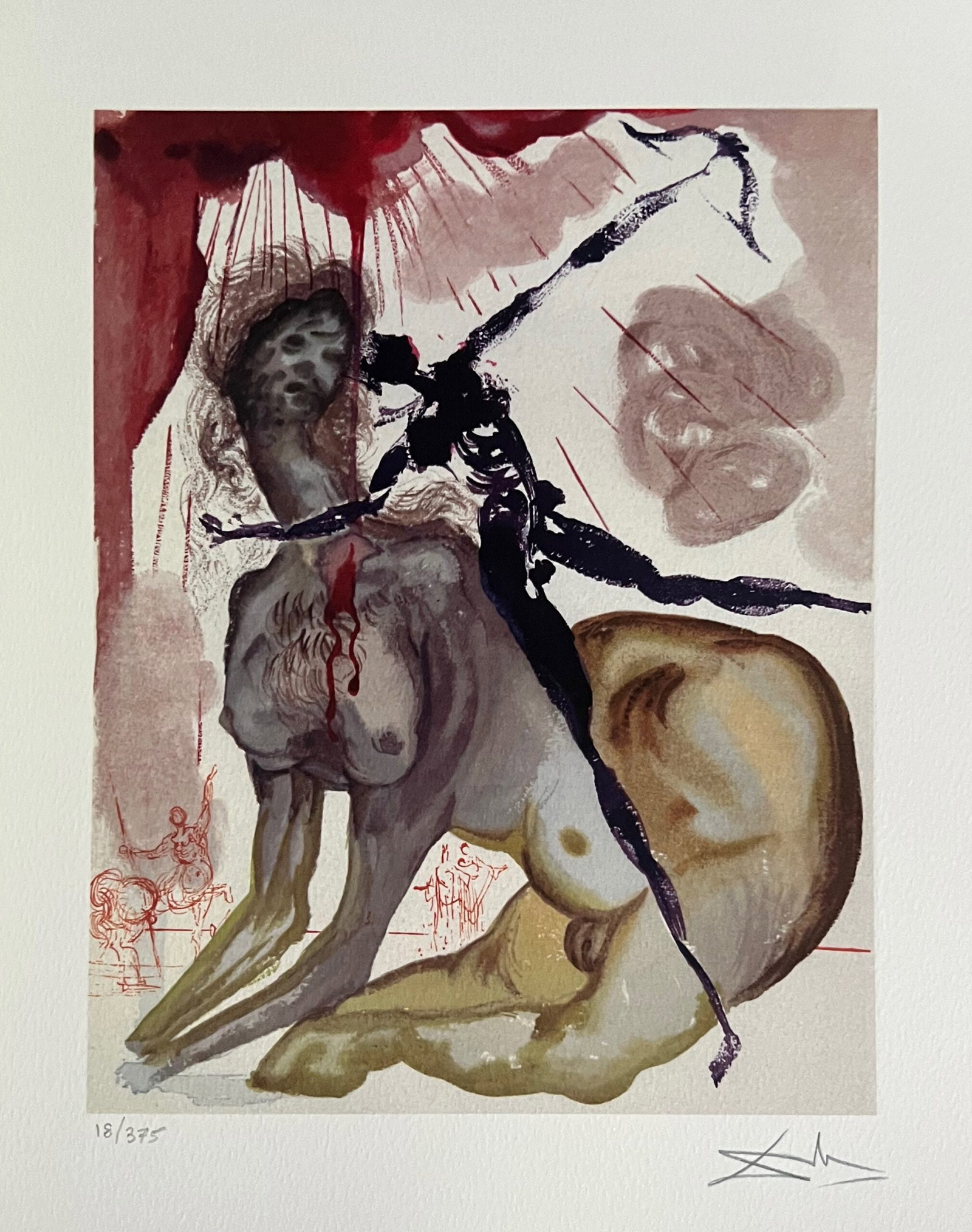 Salvador Dali Divine Comedy MINOTAUR Facsimile Signed Numbered Giclee: This is a limited edition giclee titled The Minotaur as Inferno #12 from the Divine Comedy suite. This piece is facsimile signed on the lower right. Pencil numbered from an edition of 375. Paper measu