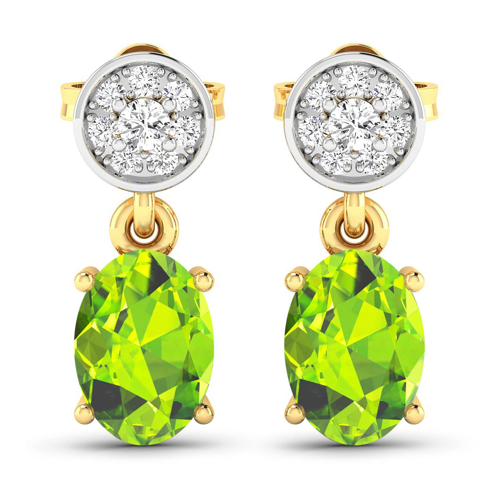 14KT Yellow Gold 1.26ctw Peridot Topaz and Diamond Earrings: Peridot Oval 7x5mm - 2Pcs + White Diamond F/C Round 1.80mm - 2Pcs + White Diamond F/C Round 1.00mm - 14Pcs ( Push-Post ) ( White Pan Rhodium ) ( I1-I2/I color ) Total weight of gemstones is 1.26cts. T