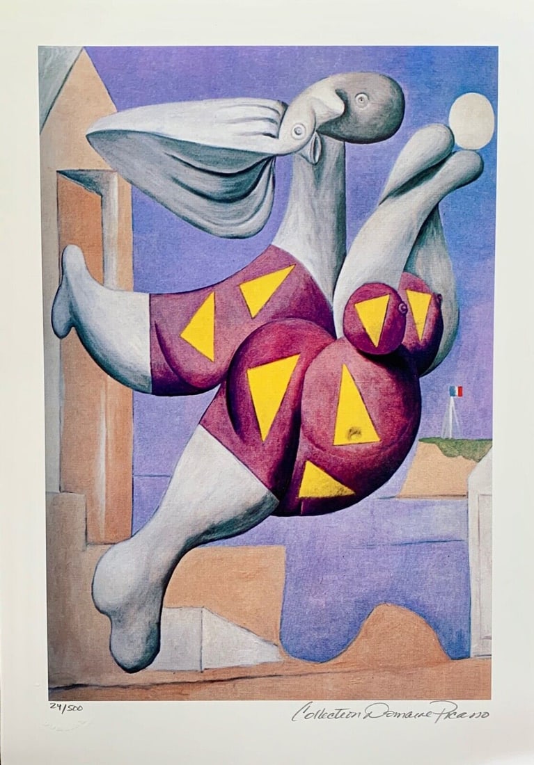 Pablo Picasso BATHER WITH BEACH BALL Estate Signed Limited Edition Giclee: This is a PABLO PICASSO (ESTATE COLLECTION DOMAINE) (1881-1973) small giclee titled BATHER WITH BEACH BALL. This piece is pencil signed on the lower right as Collection Domaine Picasso and has an embo