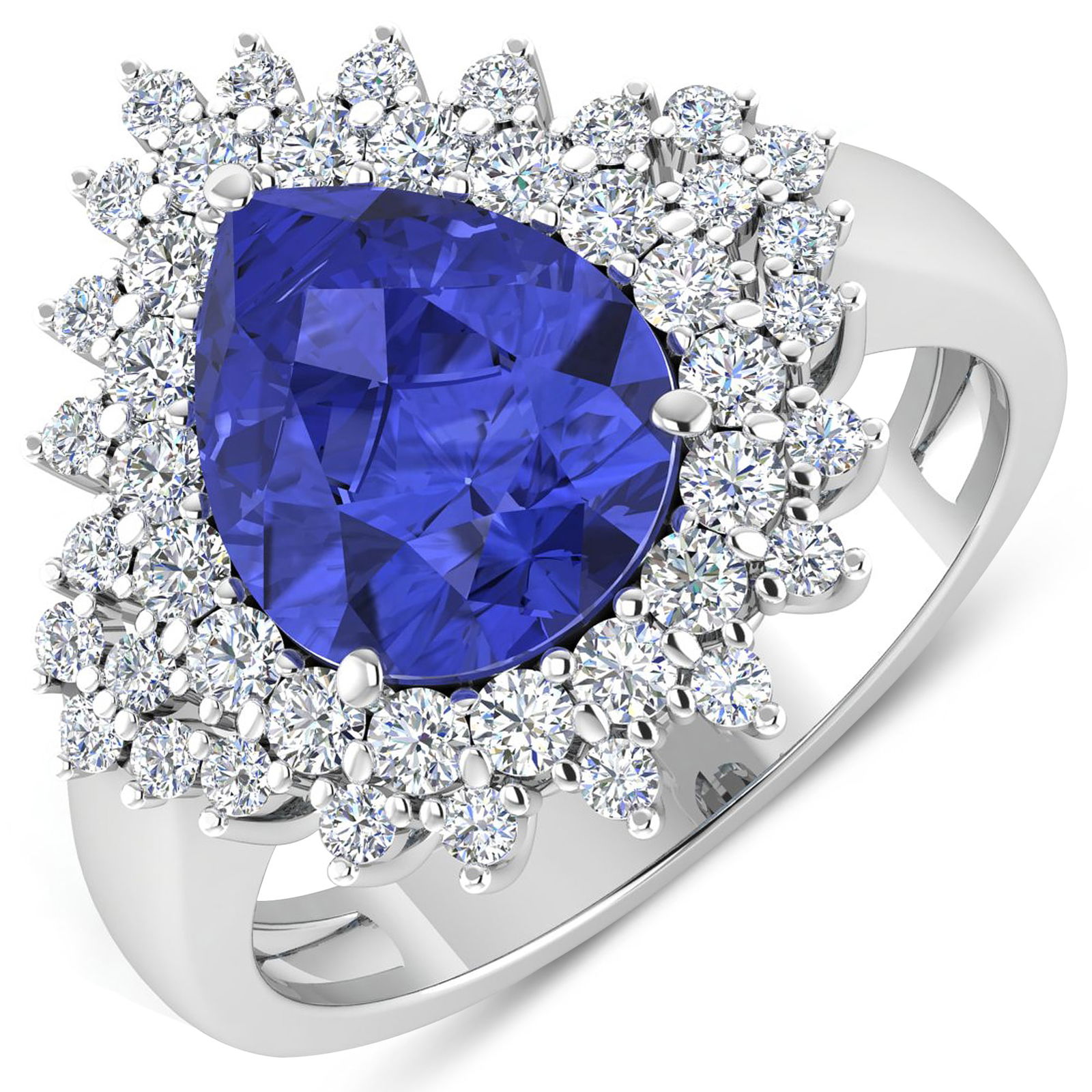 14KT White Gold 2.97ctw Tanzanite and Diamond Ring: Tanzanite (AA+) Pears 11x9mm - 1Pc + White Diamond F/C Round 2.00mm - 18Pcs + White Diamond F/C Round 1.50mm - 25Pcs ( Diamond Quality : SI-2/HI ) Total weight of gemstone is 2.97cts. Total Diamond we