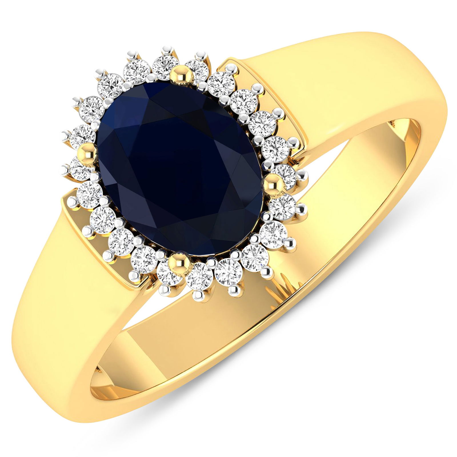 14KT Yellow Gold 1.3ct Blue Sapphire and Diamond Ring: Blue Sapphire (AA) Oval 8x6mm - 1Pc + White Diamond F/C Round 1.00mm - 22Pcs ( White Pan Rhodium ) (I1-I2/I color). Total weight of gemstone is 1.3cts. Total weight of Diamonds is 0.1cts. Total weight